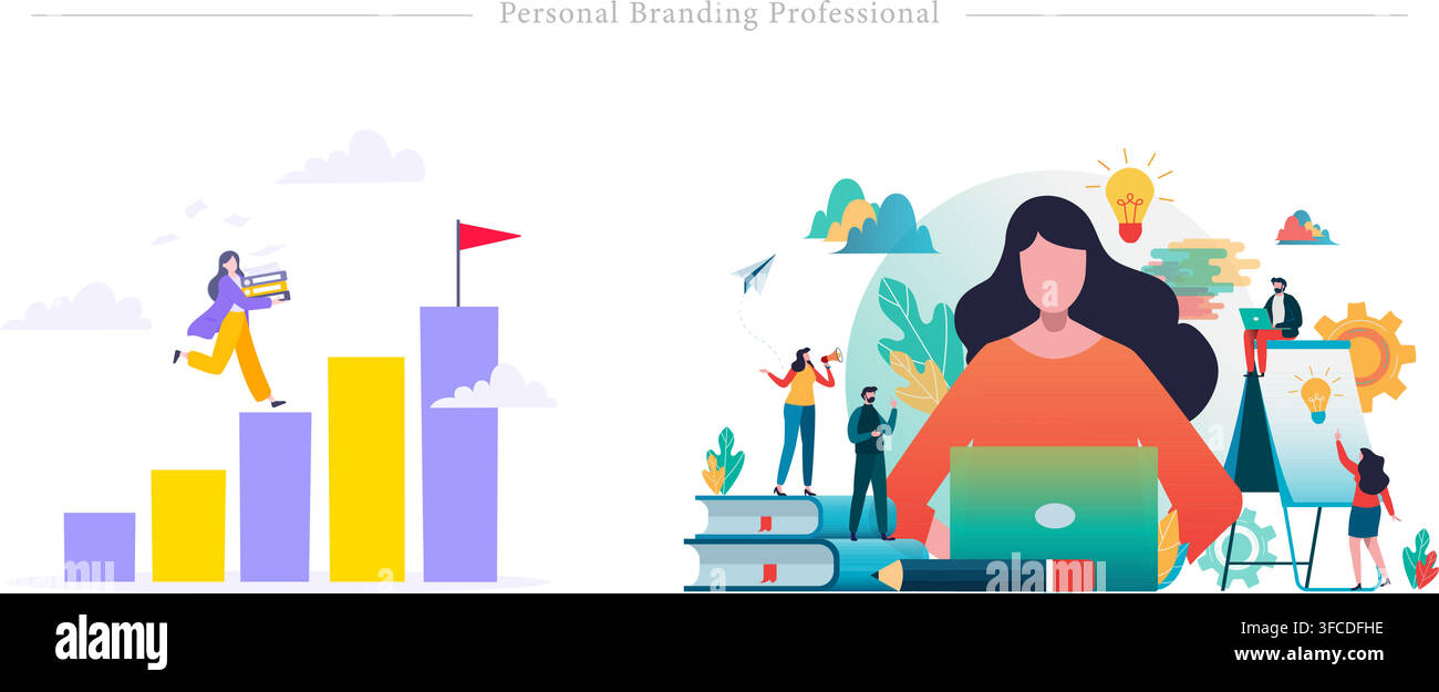 Concetto professionale di personal branding che mostra una donna d'affari che gestisce l'identità digitale, la promozione della carriera, il raggiungimento degli obiettivi, illustrazione vettoriale piatta Illustrazione Vettoriale