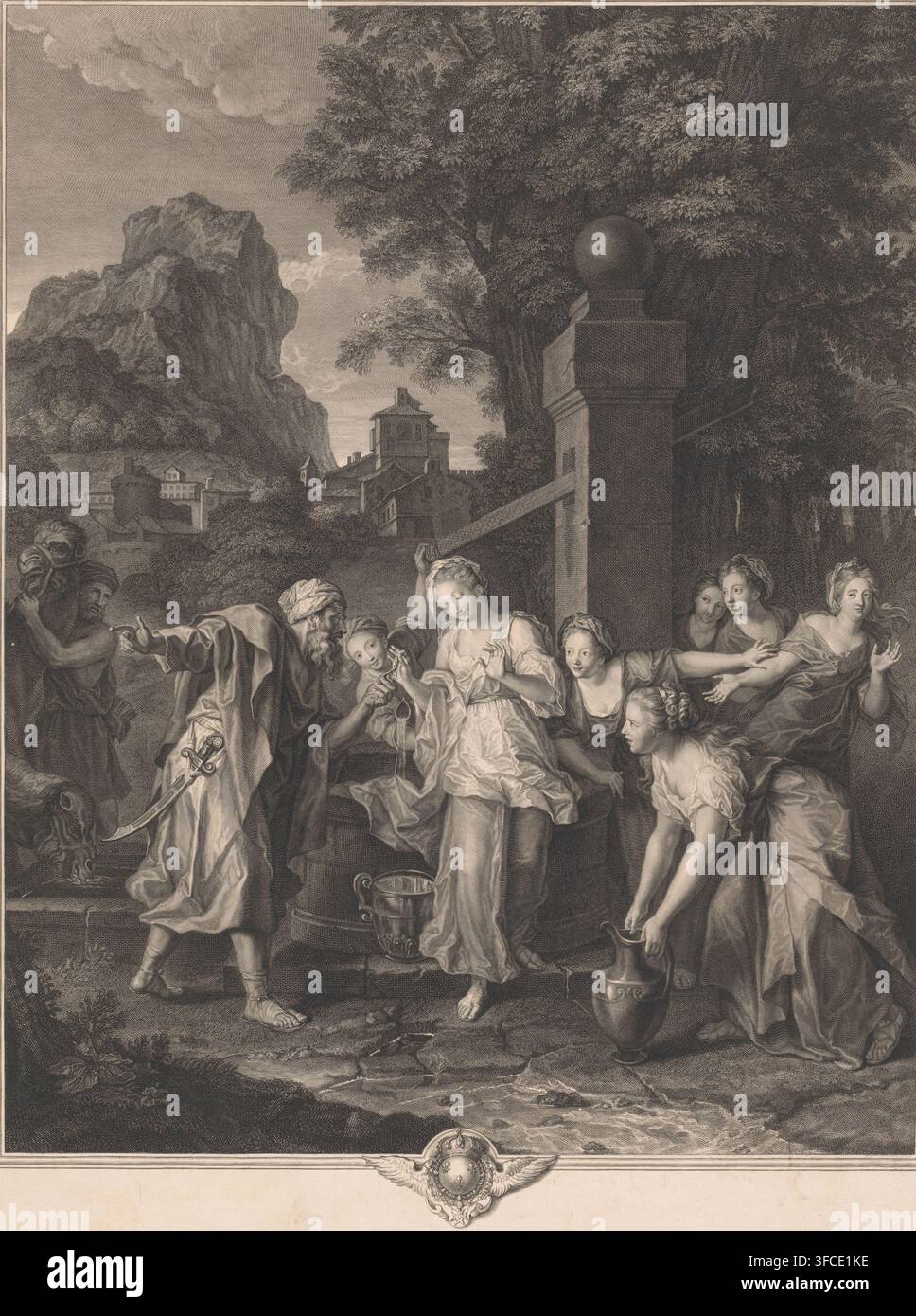 Rebacca riceve regali da Eliezer, stampa, incisore: Pierre Imbert Drevet, dopo un dipinto di Antoine Coypel, 1707 - 1739, carta, incisione, acquaforte, altezza 570 mm x larghezza 430 mm, Rebekah riceve orecchini e braccialetti d’oro da Eliezer. Un’incisione monocroma dettagliata mostra un gruppo di persone radunate all’aperto davanti a una struttura in pietra con un grande pilastro decorativo sormontato da una sfera e uno sfondo di alberi fitti e colline rocciose lontane con edifici. In primo piano diverse donne in abiti fluenti e con i capelli sciolti sono raggruppate attorno a una donna centrale che si trova con una mano Foto Stock