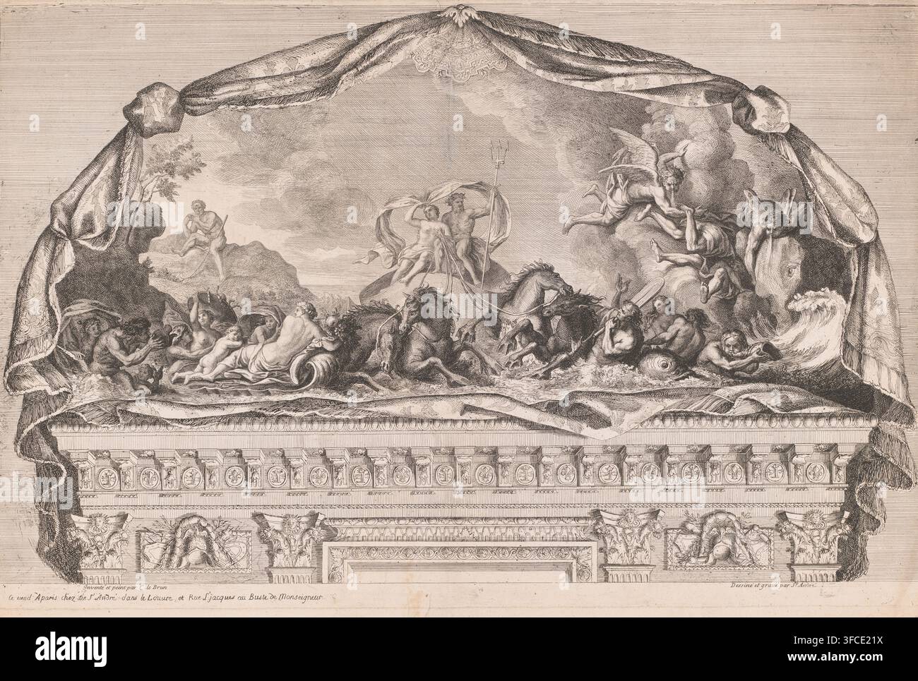 Trionfo di Nettuno e Anfitrite, Galleria di Apollo, Galleria van Apollo, stampa, incisore: Augustin Jacques Renard de Saint-André, dopo il disegno di Charles Le Brun, editore: Augustin Jacques Renard de Saint-André, Parigi, 1695, Augustin Jacques Renard de Saint-André, Charles Le Brun, incisore, dopo il disegno di, editore, carta, incisione, altezza 502 mm x larghezza 774 mm, altre Nereidi (o ninfe del mare), trionfo di Nettuno e Anfitrite, con un seguito di Tritoni e Nereidi, cioè corteo nuziale., Un fregio architettonico ornato sormontato da una tenda drappeggiata teatrale rivela una scena classica affollata Foto Stock