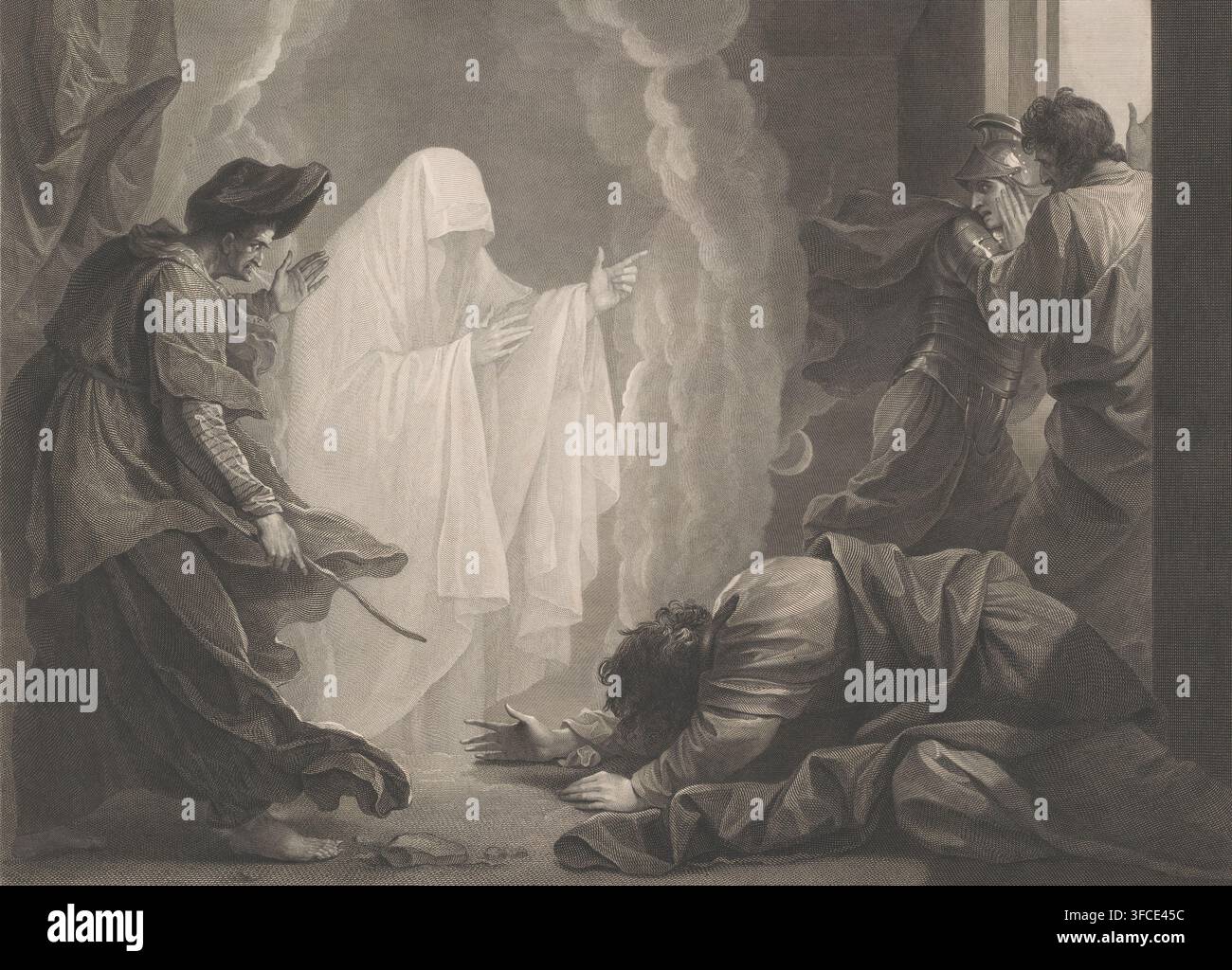 Saul e la Strega di Endor, stampa, incisore: William Sharp, Inghilterra, dopo un dipinto di Benjamin West, editore: Thomas Macklin, Londra, 1788, carta, incisione, acquaforte, altezza 486 mm x larghezza 621 mm, il fantasma di Samuele appare alla strega di Endor, Saul cade prostrato a terra., Un’incisione monocroma che mostra diverse figure vestite in abiti in un interno buio attorno a una colonna di vapore che si alza; una figura centrale è coperta dalla testa ai piedi in un mantello pallido e fluente con le mani tese rivolte verso il vapore; a sinistra un uomo in abiti a strati e un grande cappello si sporge in avanti con le dita intrecciate Foto Stock
