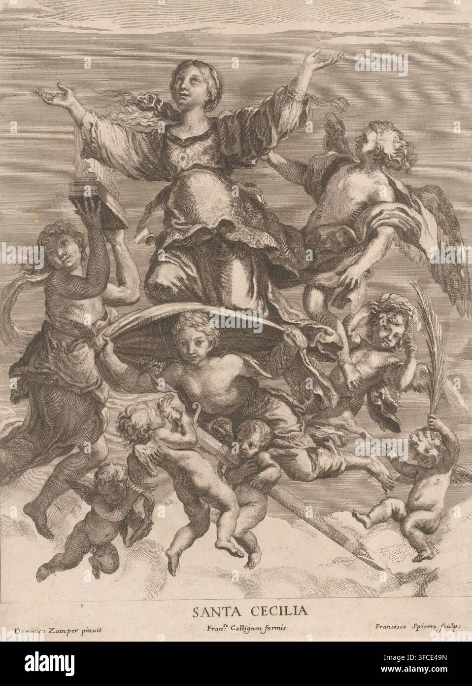 Angeli che portano Santa Cecilia in cielo, stampa, incisore: François Spierre, dopo un dipinto di Domenichino, 1649 - 1681, carta, incisione, acquaforte, altezza 317 mm x larghezza 242 mm, angeli, la vergine martire Cecilia di Roma, possibili attributi: falco, strumenti musicali, organo, ghirlanda di rose e gigli. Un'incisione monocromatica dettagliata mostra una donna centrale vestita con capelli fluenti e braccia alzate, i suoi vestiti che si agitano intorno a lei mentre guarda verso l'alto, circondata da putti alati e figure angeliche; un angelo accanto a lei tende un braccio verso di lei mentre un'altra figura al Foto Stock
