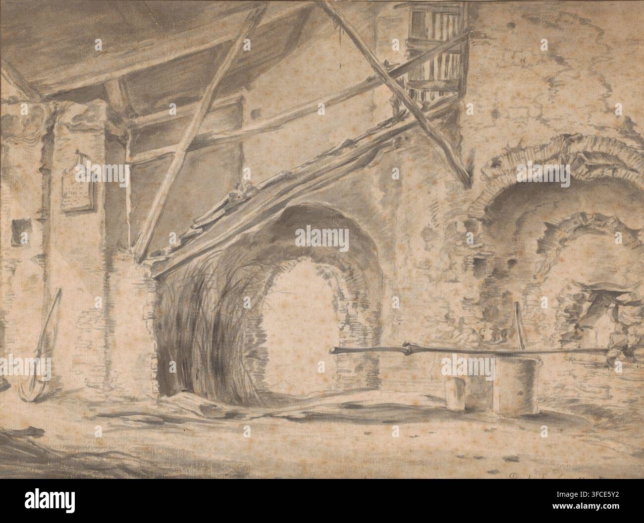 Interno con cancello e scale, disegno, disegnatore (artista): Pieter Bodding van Laer, 1592 - 1642, disegnatore (artista), carta, matita, pennello, pennello in grigio, altezza 302 mm x larghezza 405 mm, interno della casa, cortile., Un disegno monocromo di un interno rustico con pareti in pietra grezza e aperture ad arco, che mostra travi in legno e assi disposte diagonalmente e orizzontalmente nella zona superiore, un arco ombreggiato scuro al centro a sinistra, un altro arco ruvido a destra con muratura a vista, una cornice o vasca in legno vicino all'angolo inferiore destro, uno strumento a manico lungo o un remo appoggiato al muro sinistro, e Foto Stock