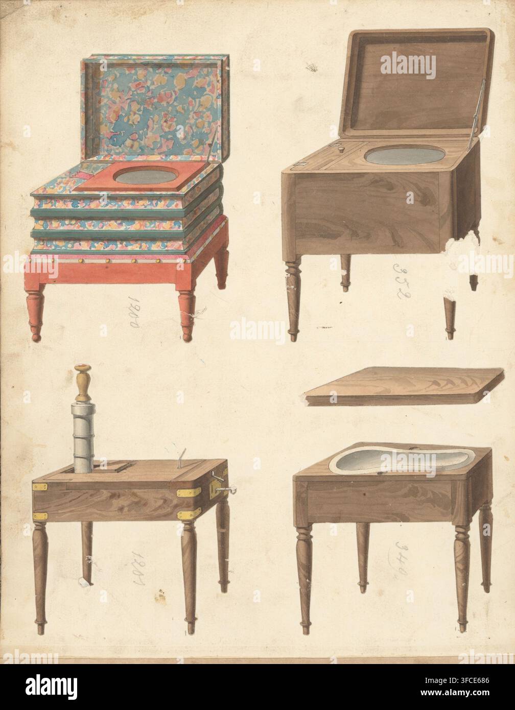 Quattro disegni per mobili da bagno in legno, disegno, pagina di album, uno dei quali è decorato con carta stampata. Il foglio sul retro è numerato: 1, il foglio opposto con informazioni sul mobile raffigurato è numerato: 1 bis. Parte di un album con 80 fogli di disegni e una stampa di mobili impiallacciati e laccati, oltre a sedute., iscrizione: '1200 Pays bas en papier au pot, 352 Chaise percée en noyer ciré, ''…'' vernis, ''…'' acajou, 349 Pidet à flanche(?) fond blanc & pies hêtre ciré, ''…'' fond chène & pies noyer ciré, ''…'' verni, ''…'' tout acajou, 1201 Bidet de campagne un Foto Stock