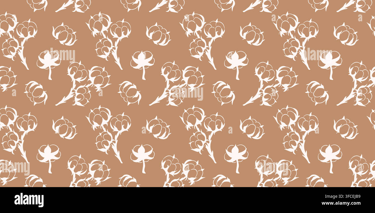 Modello senza cuciture di piante di cotone con fiori botanici. Texture di tessuto organico. Stampa tessile naturale. Schizzo minimalista di un ramo fiorito. Vettore Illustrazione Vettoriale
