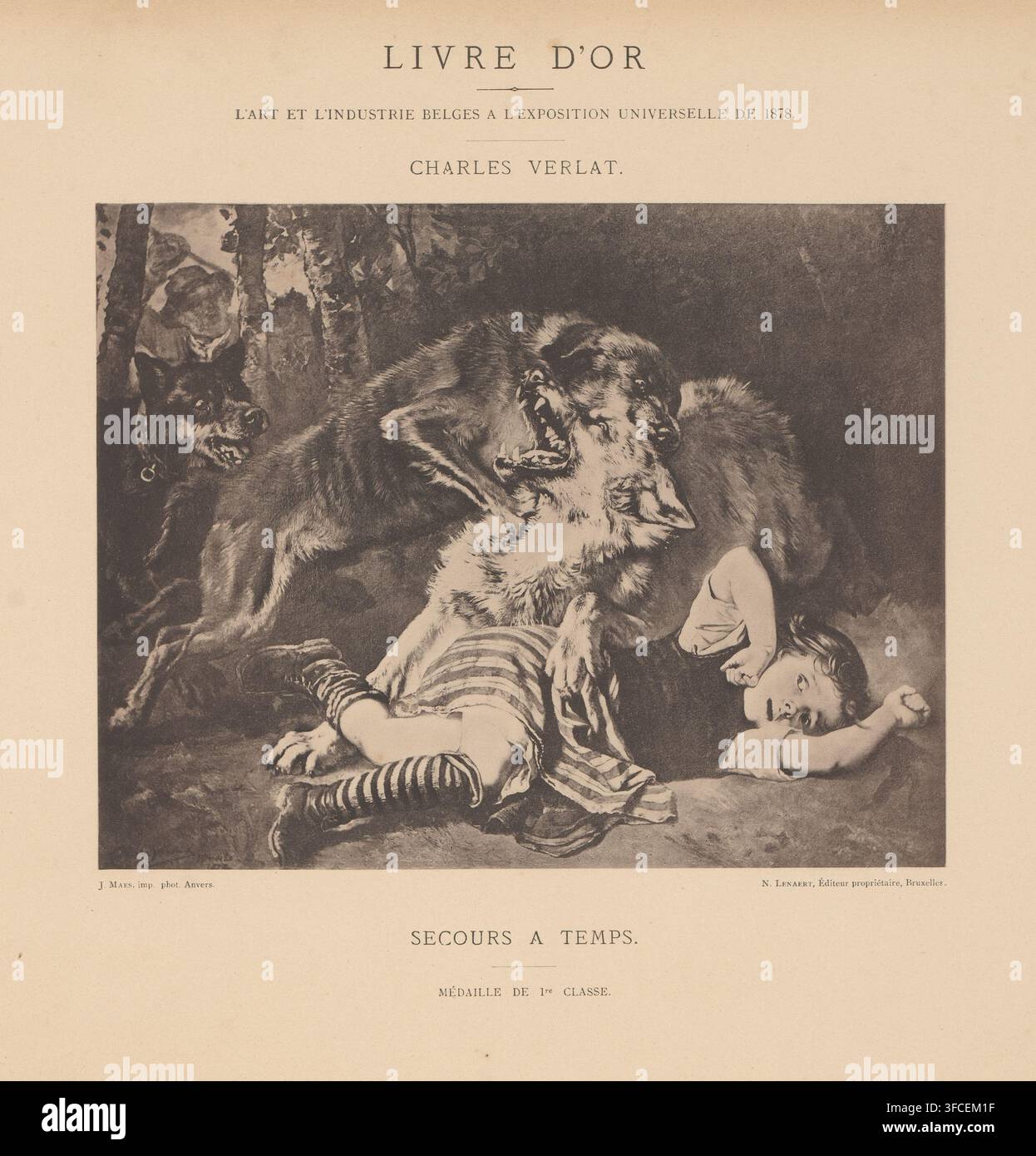 Secours a temps, Riproduzione di un dipinto di una ragazza caduta con cani combattenti di Charles Verlat, riproduzione, pagina, stampa fotomeccanica, iscrizione: 'Livre d'or, L'art et l'industrie Belges a l'exposition universelle de 1878.', produttore: Joseph Maes, Anversa, dopo il dipinto di Charles Verlat, editore: N. Lenaert, Bruxelles, c. 1874 - prima del 1879, carta, collotipia, stampa leggera, altezza 169 mm x larghezza 215 mm, cane, ragazza (bambino tra bambino e giovane)., Un'illustrazione monocromatica che mostra due grandi cani con il pelo arruffato e le bocche aperte posizionati sopra una bambina sdraiata a terra; la Foto Stock