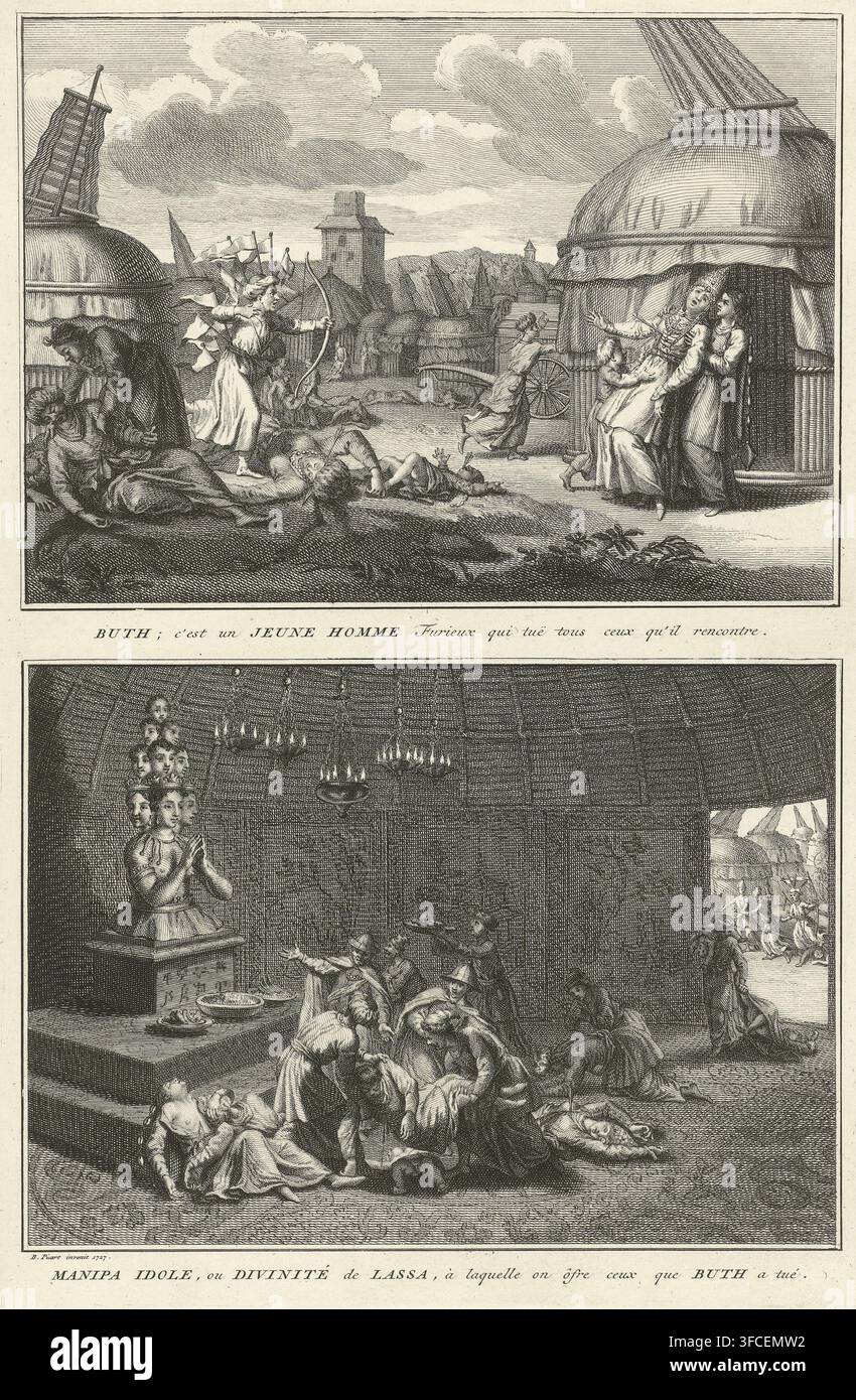 Le gesta di Buth, un giovane tartaro, stampa, illustrazione di libro, Foglio con due rappresentazioni delle gesta di Buth. Sopra: Buth, un giovane furioso, uccide tutti coloro che incontra con il suo arco e frecce in onore del dio Manipa. Sotto: Buth porta i corpi delle sue vittime alla statua a più teste di Manipa nel tempio. Sotto le rappresentazioni, una didascalia in francese., incisore: bottega di Bernard Picart, Amsterdam, 1727, carta, acquaforte, incisione, acquaforte e incisione, altezza 335 mm x larghezza 223 mm, razze e popoli asiatici, morte violenta per freccia(e)., L'immagine è un'incisione dettagliata in bianco e nero Foto Stock