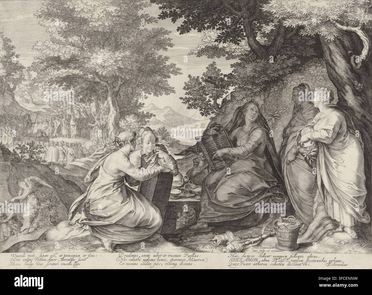 Cinque vergini sagge in un paesaggio con la predicazione di Giovanni Battista, Parabola delle vergini sagge e folli, stampa, Numero di serie, 1, 5, Un paesaggio boschivo con le cinque vergini sagge in primo piano. Sono sedute intorno a un tavolo con lampade a olio e leggono dalla Bibbia e dalla tavola con i Dieci Comandamenti. Accanto a loro ci sono brocche di olio e oggetti di diligenza domestica. A sinistra, un angelo allontana due viaggiatori. In lontananza, Giovanni Battista predica in una radura del bosco. La stampa ha una didascalia in latino., incisore: Jan Saenredam, Assendelft, scrittore (clericale Foto Stock