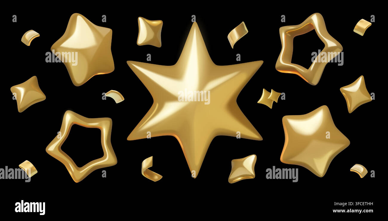 Set di stelle d'oro 3D ed elementi di design di lusso con coriandoli per le feste isolati su sfondo nero Illustrazione Vettoriale
