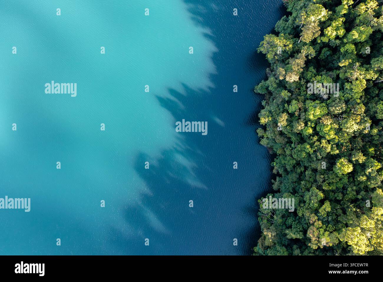 Veduta aerea delle acque turchesi e blu profondo del lago Eacham delimitato da una fitta foresta tropicale nelle Atherton Tablelands, Queensland, Australia Foto Stock