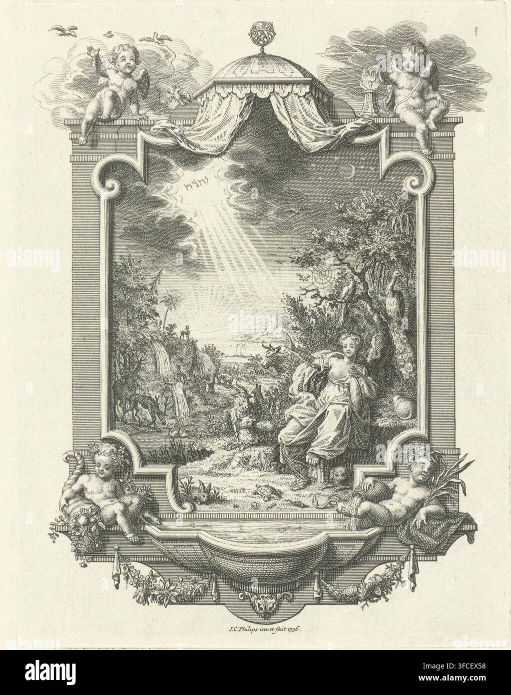 Cartuccia con allegoria della creazione, stampa, Allegoria della creazione: un paesaggio paradisiaco con tutti i tipi di animali sulla terraferma, in aria e nell'acqua. La luna e le stelle sono nel cielo. A destra in primo piano, una donna, coronata con un compasso, che indica un tetragramma, che si trova nel cielo come simbolo di Dio Padre. La rappresentazione è racchiusa in una cartuccia, sormontata da un globo e da quattro putti agli angoli., incisore: Jan Caspar Philips, Amsterdam, 1736, carta, acquaforte, incisione, altezza 166 mm x larghezza 126 mm, globo, tetragramma (in caratteri romani o ebraici), simbolo di Dio il Foto Stock