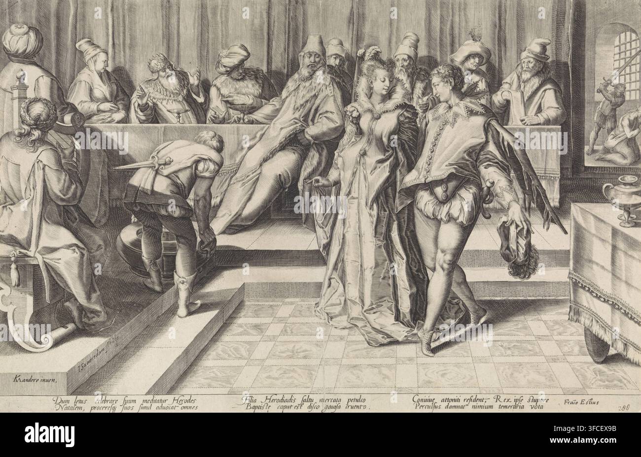 Salome al banchetto di Erode, stampa, Salome e un giovane danzano(?) davanti a un lungo tavolo, al quale sono sedute varie persone, tra cui Erode. A sinistra, un uomo tiene una botte. In fondo a destra, il Battista accecato inginocchiato davanti a un uomo con una spada alzata. Sotto l'immagine un testo latino in sei righe con una spiegazione della scena., numero: '288', incisore: Jan Saenredam, Paesi Bassi settentrionali, dopo disegno di Karel van Mander (I), Amsterdam, scrittore (impiegato): Franco Estius, 1589 - 1607, Jan Saenredam, Karel van Mander (I), Franco Estius, incisore, dopo Foto Stock