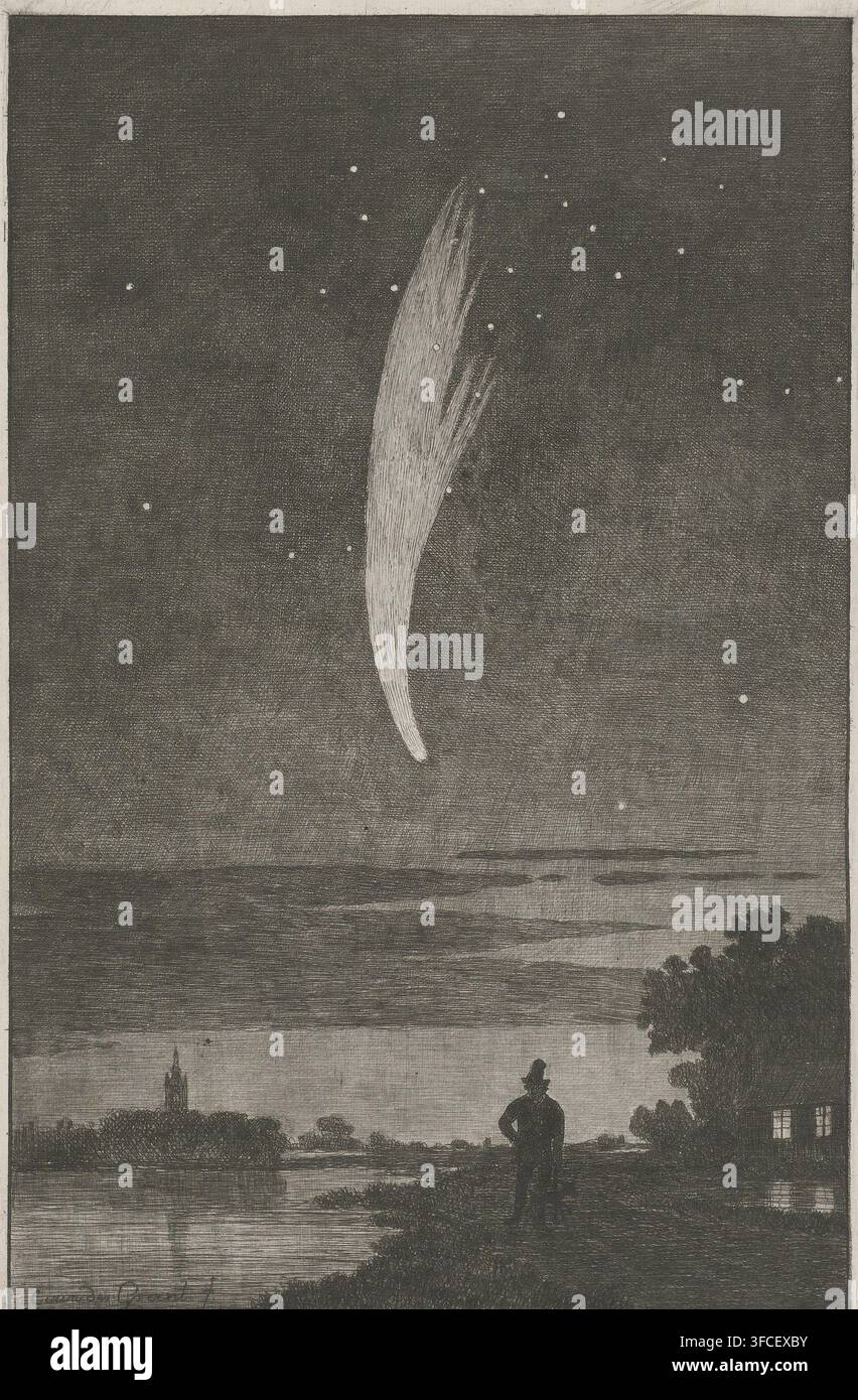 Cometa di Donati, 1858, stampa, 10 ottobre 1858. In primo piano un uomo con un cane vicino a un fiume. Lo sfondo a sinistra mostra una torre di chiesa., incisore: Cornelis van der Griendt, 1858 - 1860, carta, carta di Cina, incisione, prova, altezza 240 mm x larghezza 147 mm, fiume (+ paesaggio con figure, staffage), cometa, Cometa di Donati (1858), Periodo, 1858-10-10., Un cielo notturno scuro pieno di punti luminosi sparsi e di una grande striscia a forma di piuma che discende verso l'orizzonte sopra una superficie d'acqua calma, con increspature di luce riflessa sulla sua superficie; lungo la riva vicina una figura solitaria con cappello Foto Stock