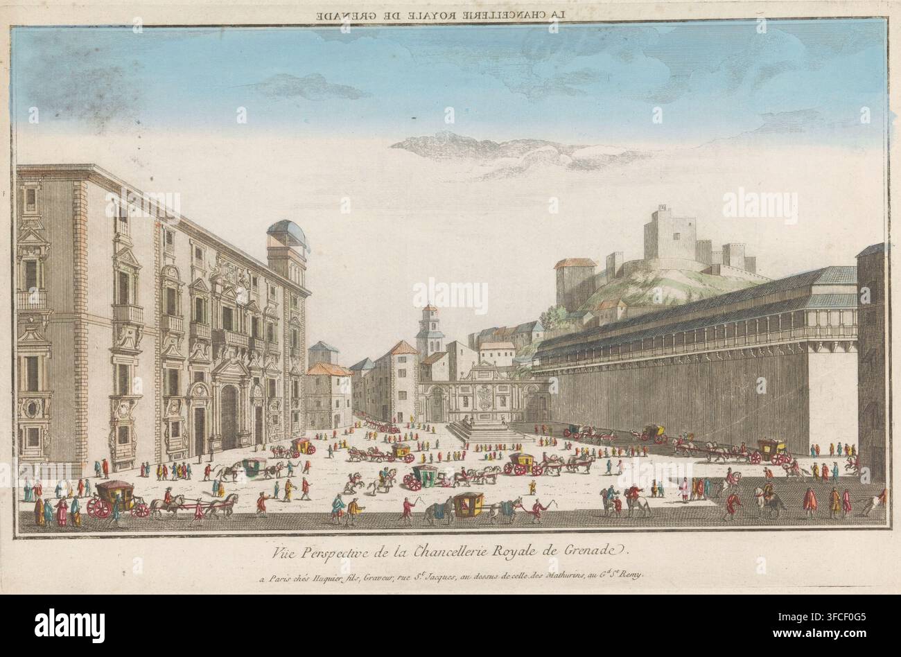 Vista della Real Chancillería di Granada, La Chancellerie Royale de Grenade, stampa, stampa ottica, filigrana, editore: Jacques Gabriel Huquier, Parigi, Francia, 1735 - 1805, incisore, vernice (rivestimento), carta, acquerello (pittura), incisione, pennello, incisione colorata, altezza 264 mm x larghezza 407 mm, strada (+ veduta cittadina) con figure, staffage), architettura civile, edifici, abitazioni, Andalusia, Granada. Una vasta scena all'aperto mostra una grande piazza aperta delimitata da un edificio ornato a più piani a sinistra e da una lunga struttura colonnata a destra, con un gruppo di piccoli edifici e una collina Foto Stock