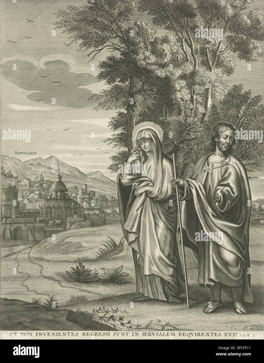Ritorno a Gerusalemme, stampa, Giuseppe e Maria tornano a Gerusalemme. La città è visibile in lontananza a sinistra. Nel margine un versetto biblico in latino., incisore: Adriaen Lommelin, Anversa, dopo un disegno di Peter Paul Rubens (libero da), editore: Gilles Hendricx, 1630 - 1677, Libero da, carta, incisione, altezza 449 mm x larghezza 340 mm, la Sacra Famiglia (e talvolta altri) che torna in Israele, Gerusalemme., Un'incisione monocroma dettagliata mostra un paesaggio con una città lontana caratterizzata da tetti a cupola e appuntiti contro colline ondulate, e un cielo con diversi piccoli uccelli e nuvole stratificate; nel Foto Stock