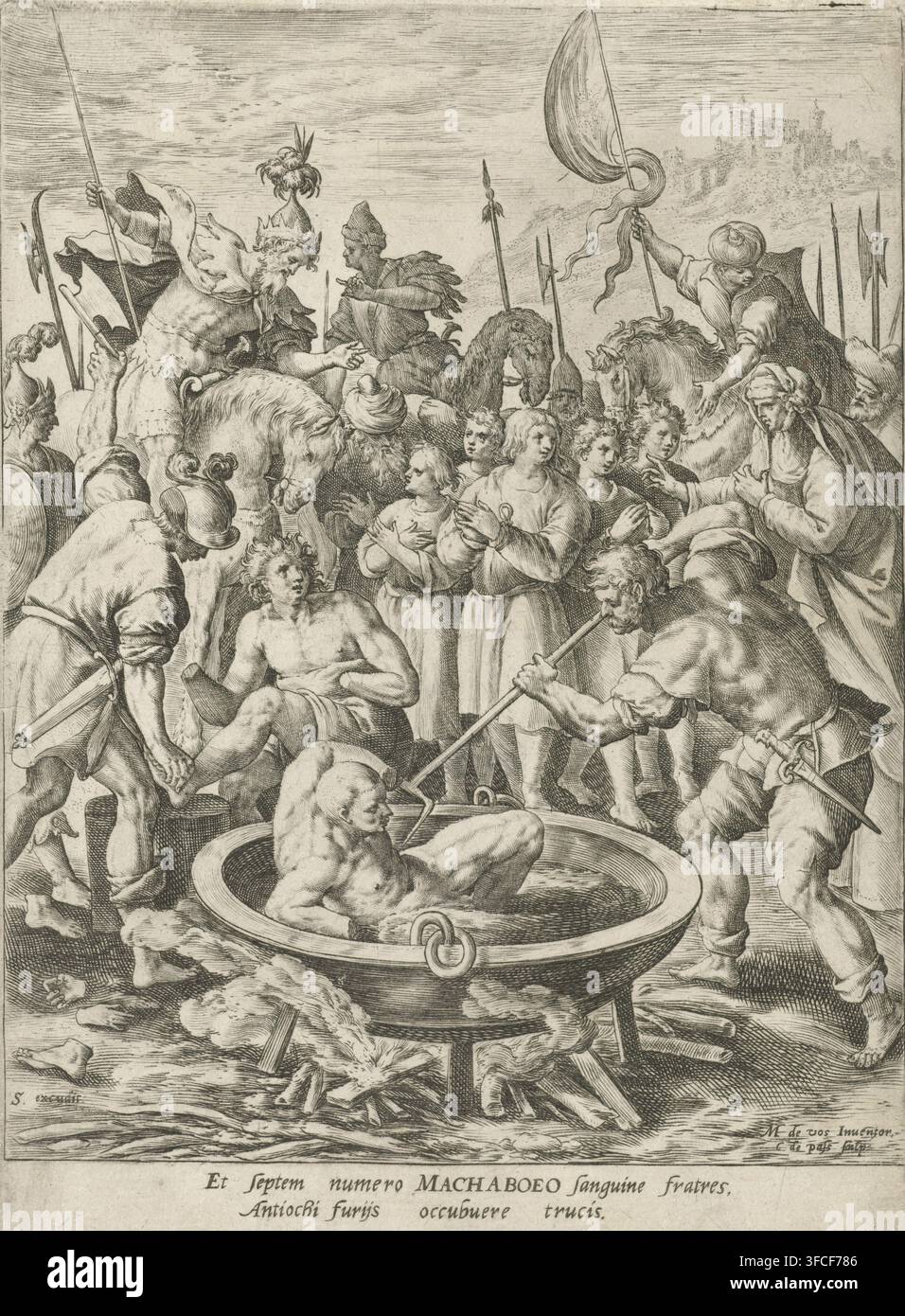 Martirio dei sette fratelli e della loro madre, Triumphus Martyrum, Trionfo del Martirio, stampa, Re Antioco ordina che un grande calderone sia posto sul fuoco per bruciare vivi i sette fratelli e la loro madre (2 Mac. 7). Nel margine una didascalia di due righe in latino., incisore: Crispijn van de Passe (I), Anversa, dopo il disegno di Maerten de Vos, editore: Sadeler, 1591, carta, incisione, gravura, altezza 193 mm x larghezza 145 mm, il martirio dei sette fratelli Maccabei e della loro madre sotto Antioco IV Epifane (2 Maccabei 7)., Un'incisione in bianco e nero molto densa mostra un Foto Stock