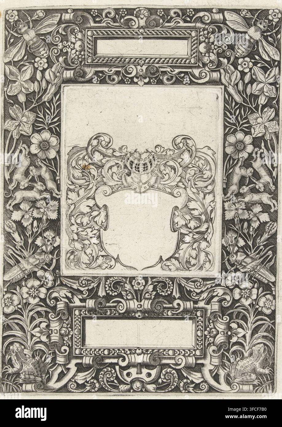 (4) fogli di stampe ornamentali, cornici casuali con figure grottesche di piante, animali e umani, intervallati da stemmi, stampati su lastre sciolte (titolo precedente), Cornice con due cartigli rettangolari, centro in alto e centro in basso, Emblemata Nobilitati et Vulgo scitu digna…, Stam und Wapenbuchlein…, stampa, stampa ornamentale, Una rana è seduta in basso a sinistra e in basso a destra. Appartiene a una serie di 18 fogli in cui ventisette emblemi e quarantacinque stemmi sono stampati al centro di lastre separate. Gli emblemi sono in parte numerati AD, 1-7 e 9-21. Tre fogli non sono numerati. Le Foto Stock