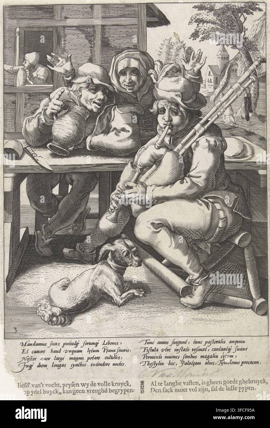La cornamusa non emette alcun suono finché non è piena, Il bevitore e il suonatore di cornamusa, Proverbi di Karel van Mander, stampa, Numero di serie, 3, 6, Un suonatore di cornamusa e un ubriacone sono seduti insieme a un tavolo. Dietro il tavolo si trova una donna con le mani alzate. Il suonatore di cornamusa è seduto su una sedia rovesciata; accanto a lui è seduto un piccolo cane. Sotto l'immagine, un verso latino esplicativo di Franco Estius e un verso olandese., incisore: attribuito alla bottega di Hendrick Goltzius, Haarlem, dopo un disegno di Karel van Mander (I), scrittore (impiegato): Franco Estius, 1590 - 1594, Hendrick Goltzius, scrittore (impiegato) Foto Stock