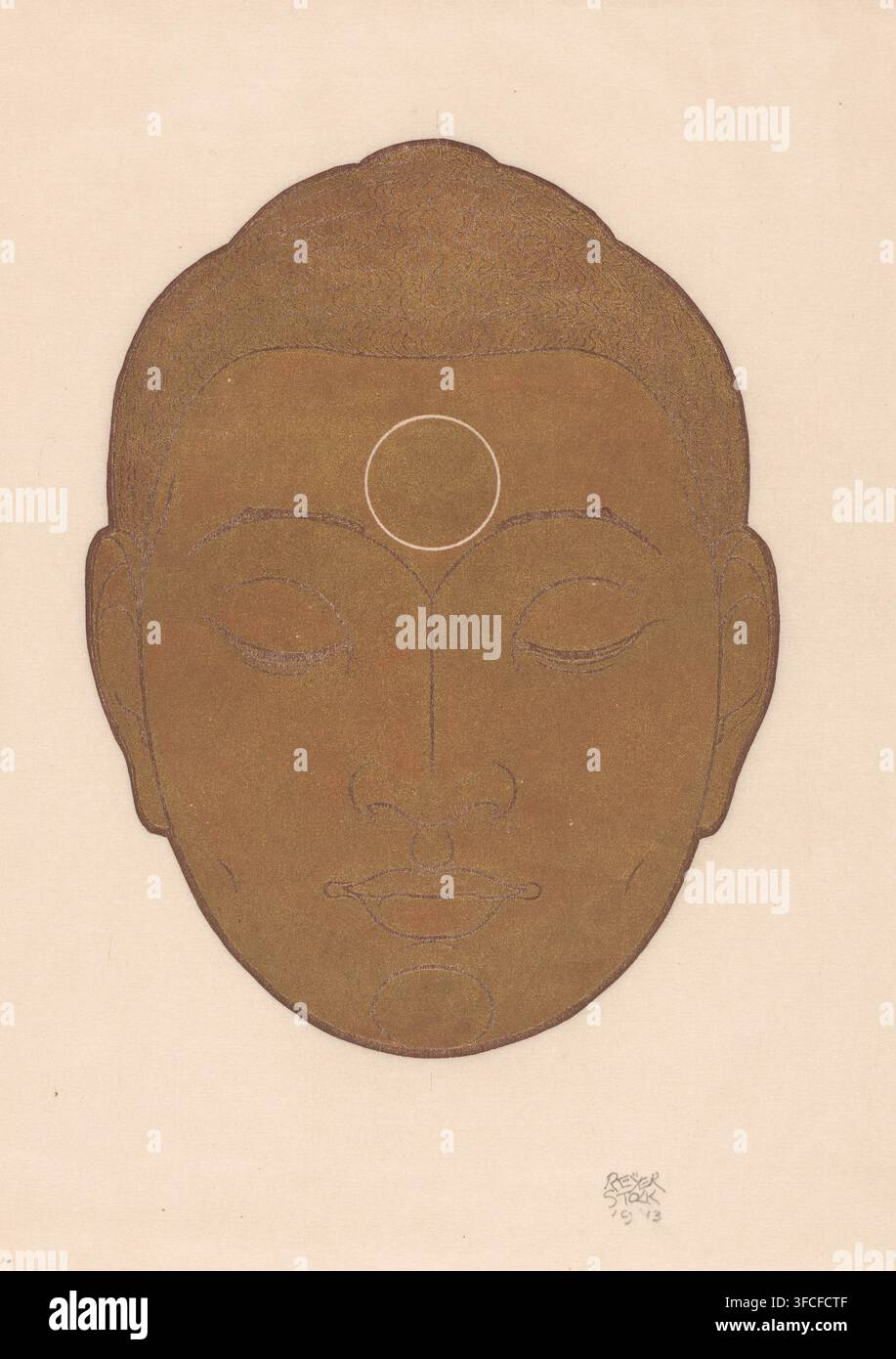 Testa di Buddha, stampa, stampatore: Reijer Stolk (firmato dall'artista), Paesi Bassi, 1943, carta, carta trasparente, xilografia, xilografia in oro e marrone su carta trasparente, altezza 400 mm x larghezza 267 mm, Buddha, fondatore del buddismo., Un volto marrone stilizzato con occhi chiusi riempie la parte superiore dell'immagine, mostrando arrotondamenti, un contorno di capelli texture, orecchie ai lati, un segno circolare sulla fronte, sopracciglia e palpebre dolcemente curve, un naso sottile e labbra chiuse, oltre a un altro segno circolare vicino al mento, il tutto su uno sfondo beige chiaro semplice. Foto Stock