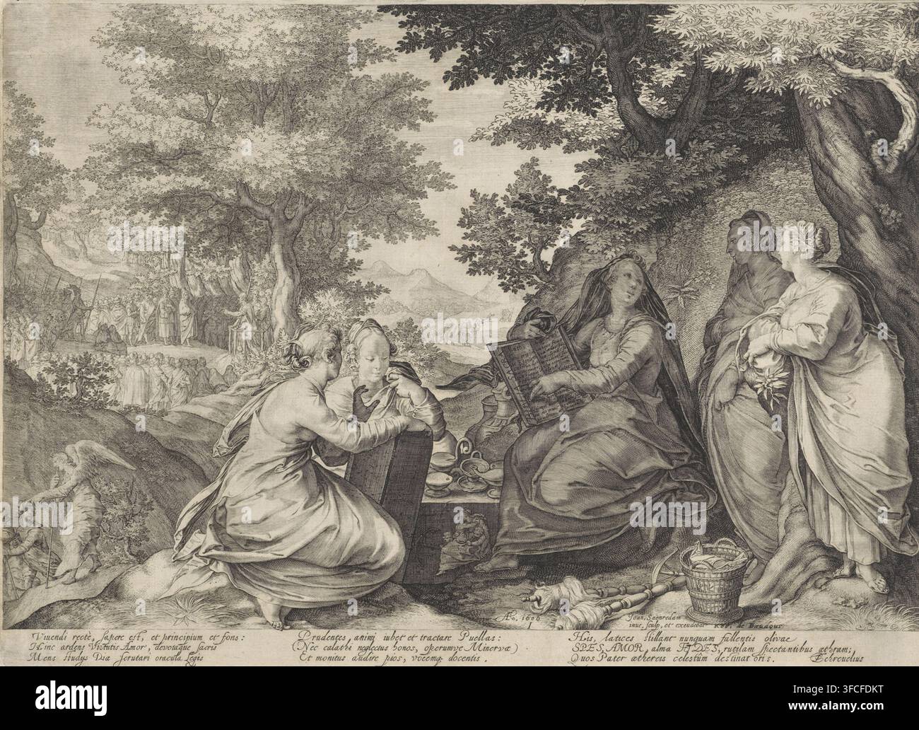 Cinque vergini sagge in un paesaggio con la predicazione di Giovanni Battista, Parabola delle vergini sagge e folli, stampa, Numero di serie, 1, 5, Un paesaggio boschivo con le cinque vergini sagge in primo piano. Sono sedute intorno a un tavolo con lampade a olio e leggono dalla Bibbia e dalla tavoletta con i Dieci Comandamenti. Accanto a loro ci sono brocche d'olio e oggetti di diligenza domestica. A sinistra, un angelo allontana due viaggiatori. In lontananza, Giovanni Battista predica in una radura del bosco. La stampa ha una didascalia in latino., incisore: Jan Saenredam, Assendelft, editore: Robert Foto Stock