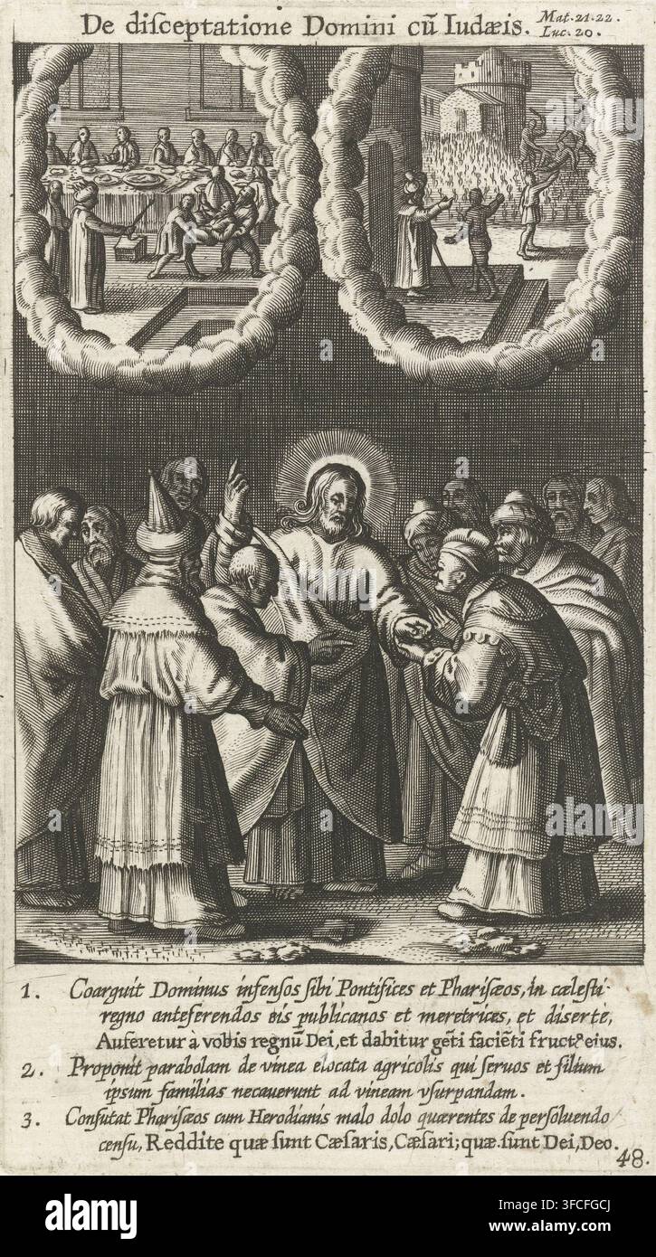 De disceptatione Domini cu Iudaeis, Cristo racconta ai sommi sacerdoti e ai farisei la parabola dell’invitato indegno al matrimonio, Vitae passionis et mortis Jesu Christ, stampa, illustrazione di libro, numero di serie, 48, 76, incisore: Boëtius Adamsz. Bolswert, Anversa, editore: Hendrik Aertssens (II), 1590 - 1622, 1622, carta, incisione, altezza 133 mm x larghezza 75 mm., Un’incisione dettagliata in bianco e nero mostra una figura centrale vestita con un’aureola circondata da un gruppo di persone in lunghe vesti e copricapi, alcune rivolte verso e altre gesticolando verso la figura centrale; nella parte superiore due nuvole- Foto Stock