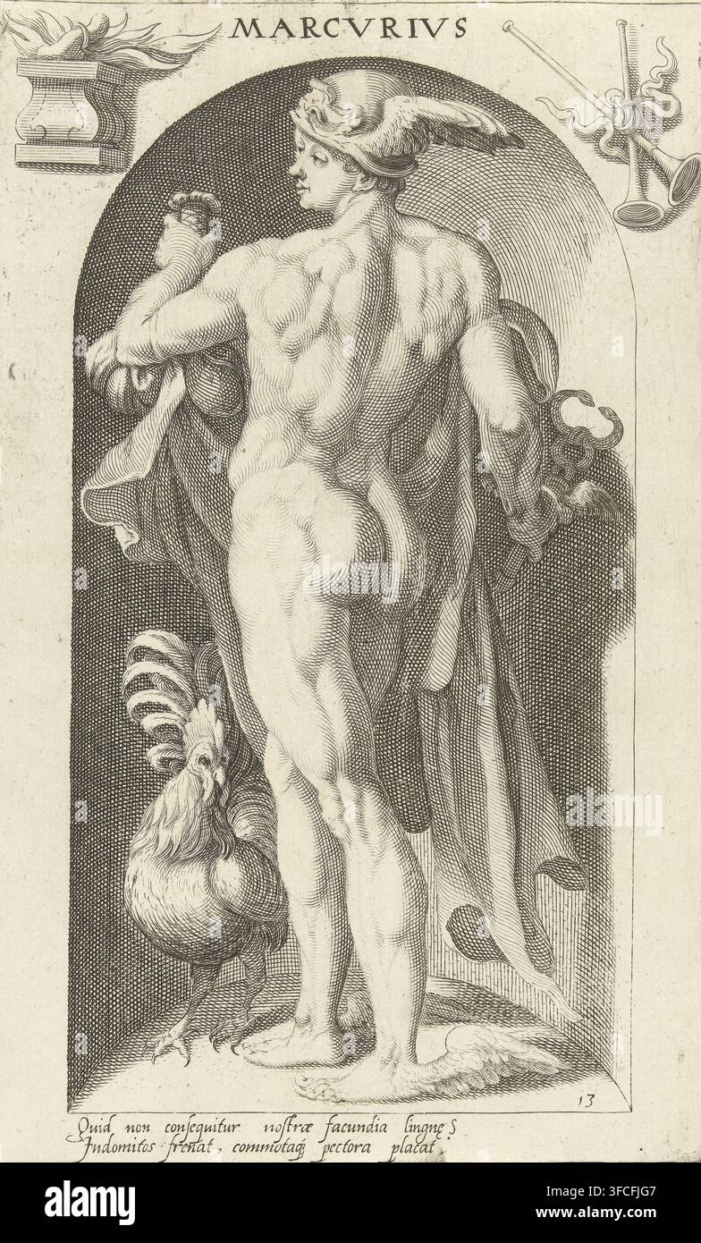 Marcvrivs, Mercurio, Dei antichi, stampa, Numero di serie, 13, 20, Una statua del dio del commercio Mercurio, posizionata in una nicchia. Mercurio indossa i suoi attributi tipici: le sandali alate e l'elmo alato, il petaso. Nella sua mano tiene il caduceo, un bastone con due serpenti. Accanto a lui c'è un gallo. I galli di solito trainano il carro di Mercurio. Con una didascalia in latino., incisore: Nicolaas Braeu, Haarlem, su disegno di Karel van Mander (I), editore: François van den Hoeye (forse), scrittore (lavoratore d'ufficio): attribuito a Cornelius Schonaeus, 1598, Nicolaas Braeu, Karel van Mander (I), Foto Stock