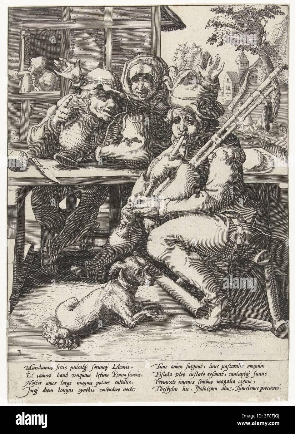 Il Bevitore e il Zanfonista, Lo zampognino non emette alcun suono finché non è pieno, Proverbi di Karel van Mander, stampa, Numero di serie, 3, 6, Uno zampognaro e un ubriacone sono seduti insieme a un tavolo. Dietro il tavolo si trova una donna con le mani alzate. Lo zampognaro è seduto su una sedia rovesciata; accanto a lui è seduto un piccolo cane. Sotto l'immagine, un verso latino esplicativo di Franco Estius., incisore: attribuito alla bottega di Hendrick Goltzius, Haarlem, dopo un disegno di Karel van Mander (I), scrittore (impiegato): Franco Estius, 1590 - 1594, Hendrick Goltzius, scrittore (impiegato), Foto Stock