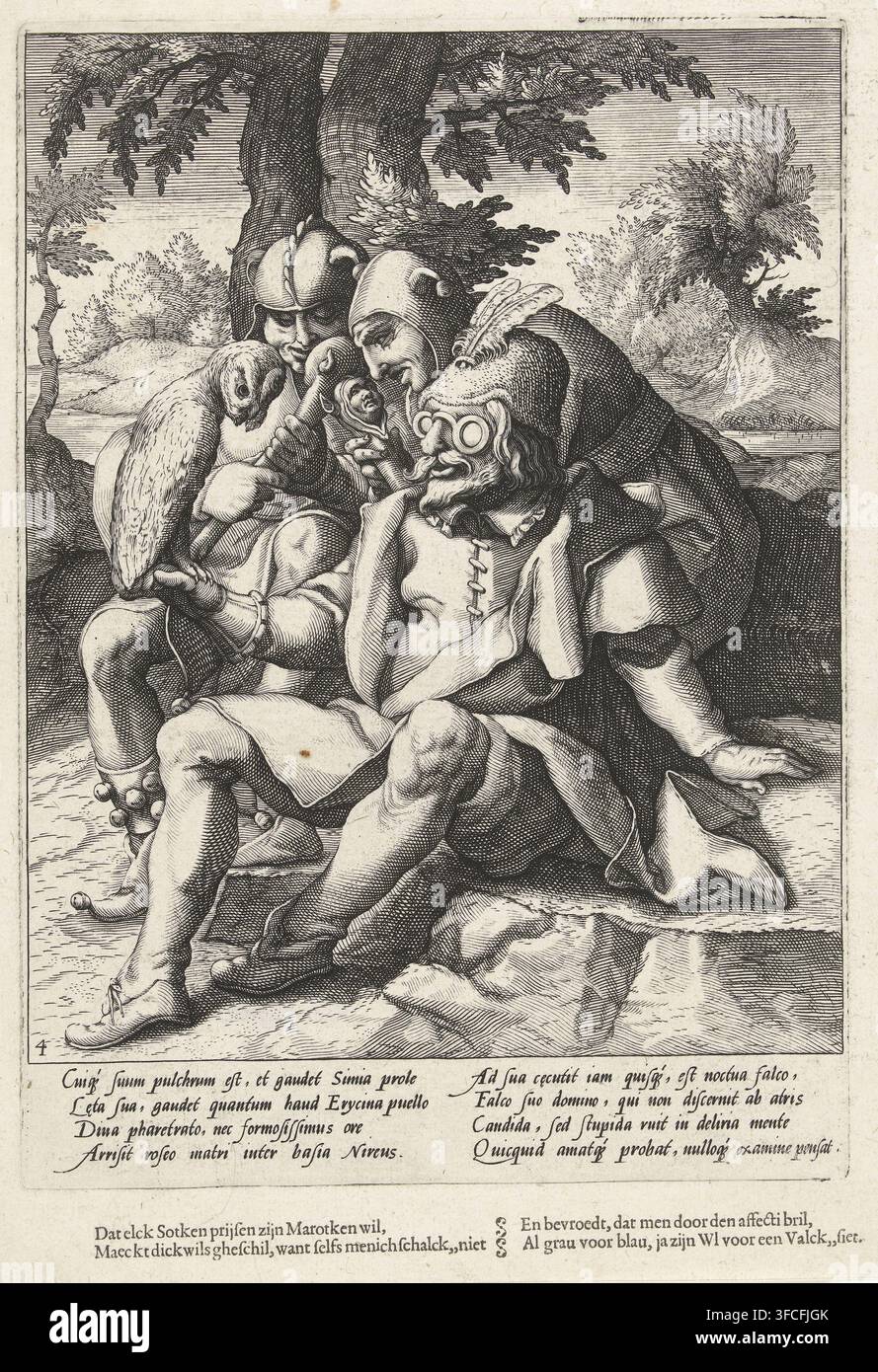 Tutti pensano che il loro gufo sia un falco, Proverbi di Karel van Mander, stampa, Numero di serie, 4, 6, Un uomo è seduto a terra e guarda attraverso gli occhiali il gufo sulla sua mano (e pensa di vedere un falco). Dietro di lui ci sono due giullari, ciascuno con un marot (bastone da giullare). Il proverbio illustra l'idea che tutti pensano di avere o di essere il migliore. Sotto l'illustrazione, un verso latino esplicativo di Franco Estius e un testo olandese in caratteri mobili., didascalia: 'Che ogni pazzo voglia lodare il suo piccolo martire, spesso causa disputa, perché anche molti furfanti, Non lo fanno, E si rendono conto, che attraverso Foto Stock