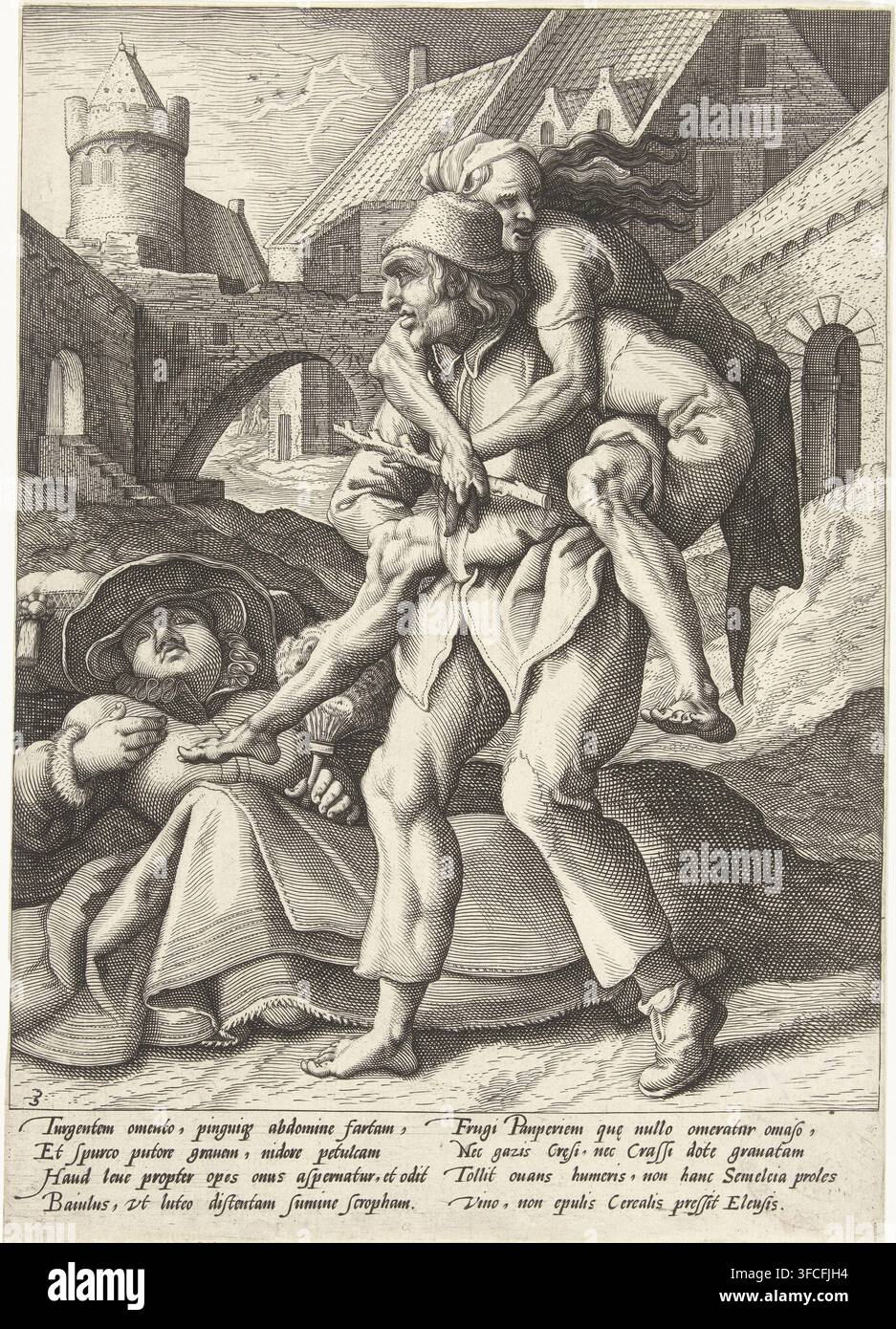 La povertà è più facile da portare della ricchezza, Proverbi di Karel van Mander, stampa, numero di serie, 5, 6, Un uomo porta una vecchia donna sulla schiena. La donna è magra e vestita in modo trasandato. A terra giace una signora ben vestita e grassa che dorme con un ventaglio in mano. In lontananza una porta cittadina. Sotto l'immagine, un verso esplicativo in latino di Franco Estius., incisore: attribuito alla bottega di Hendrick Goltzius, Haarlem, dopo un disegno di Karel van Mander (I), scrittore (lavoratore d'ufficio): Franco Estius, 1590 - 1594, Hendrick Goltzius, scrittore (lavoratore d'ufficio), Attribuito a, carta, incisione, gravura, Foto Stock