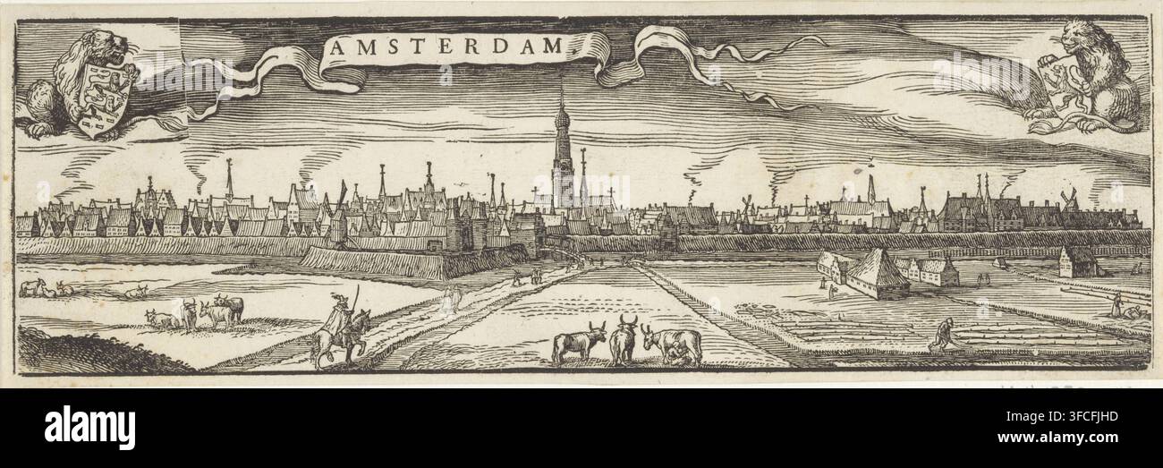 Vista della città di Amsterdam, stampa, incisore: Dirck de Bray, Paesi Bassi, 1600 - 1699, carta, xilografia, altezza 94 mm x larghezza 284 mm, veduta della città, panorama urbano, silhouette della città, Amsterdam. Un'ampia incisione orizzontale mostra una linea del cielo urbano a metà distanza con una fila densa di tetti a spiovente e alcune guglie più alte che si ergono sopra di esse, e una torre alta prominente vicino al centro. In primo piano c'è terra aperta con una rete di sentieri o dighe, alcuni bovini al pascolo e un paio di cavalieri a cavallo, e diversi piccoli edifici o capanne vicino all'acqua. Il cielo è pieno Foto Stock