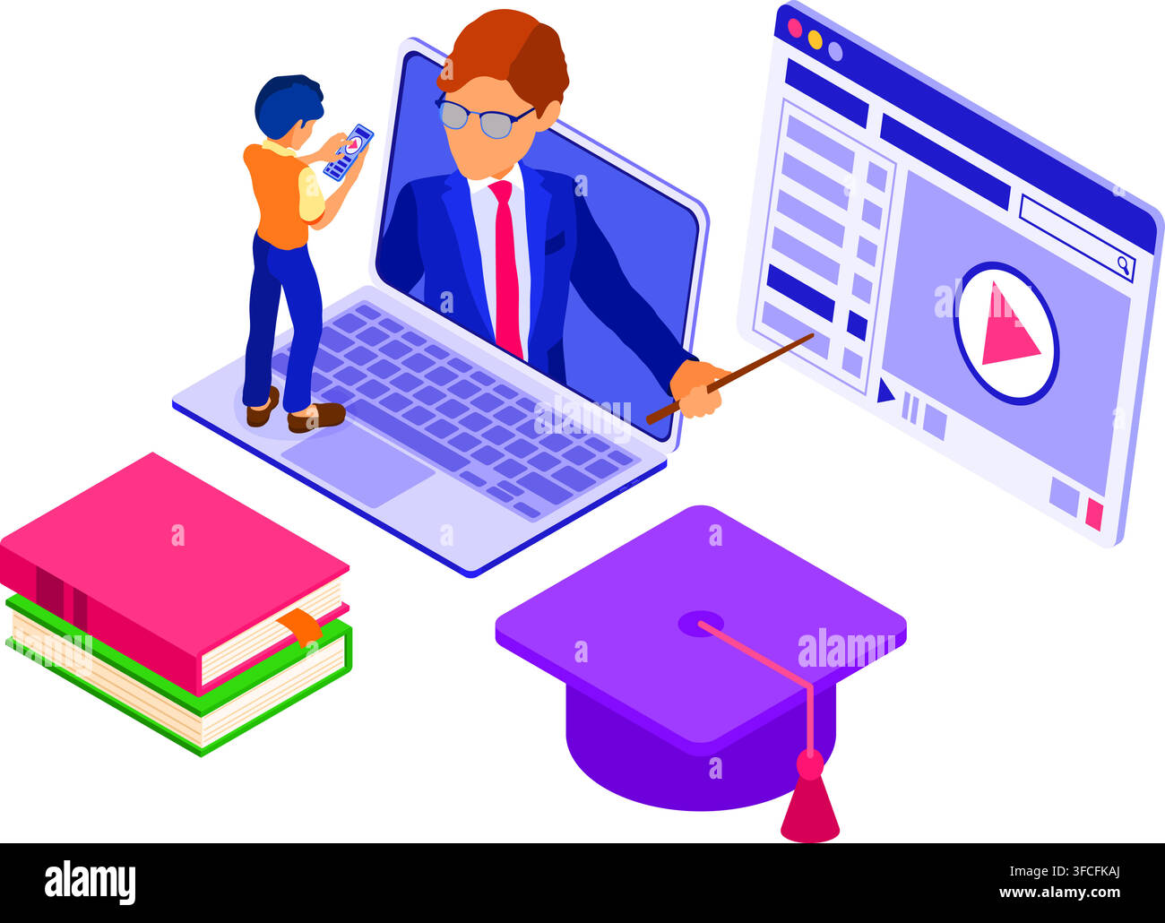 Istruzione online o esame a distanza con personaggio isometrico corso internet e-learning da casa uomo che studia su tablet laptop con insegnante isometrico e Illustrazione Vettoriale