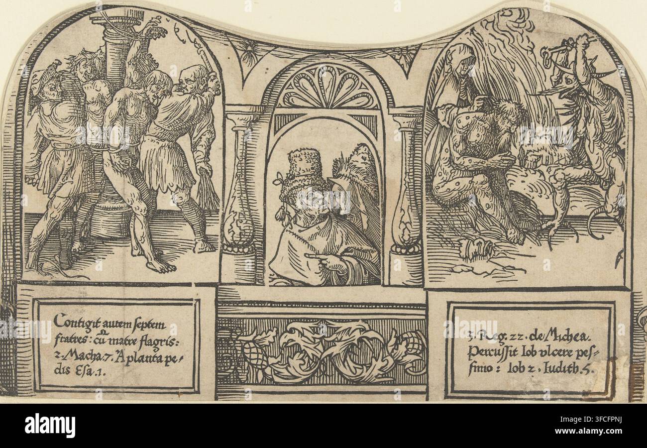 La Flagellazione dei Sette Fratelli e Giobbe maltrattato da sua moglie e Satana, La Passione Rotonda, stampa, Parte inferiore di un foglio, da una serie di dodici stampe. Stampato da più blocchi. Due scene dell'Antico Testamento, prefigurazioni della Flagellazione di Cristo: a sinistra la Flagellazione dei Sette Fratelli, con riferimenti ai testi biblici sotto, a destra Giobbe maltrattato da sua moglie e Satana, con riferimenti ai testi biblici sotto. Al centro due profeti., stampatore: cerchio di Jacob Cornelisz van Oostsanen, Paesi Bassi, 1518 - 1522, carta, xilografia, altezza 132 mm x larghezza 217 mm, Foto Stock