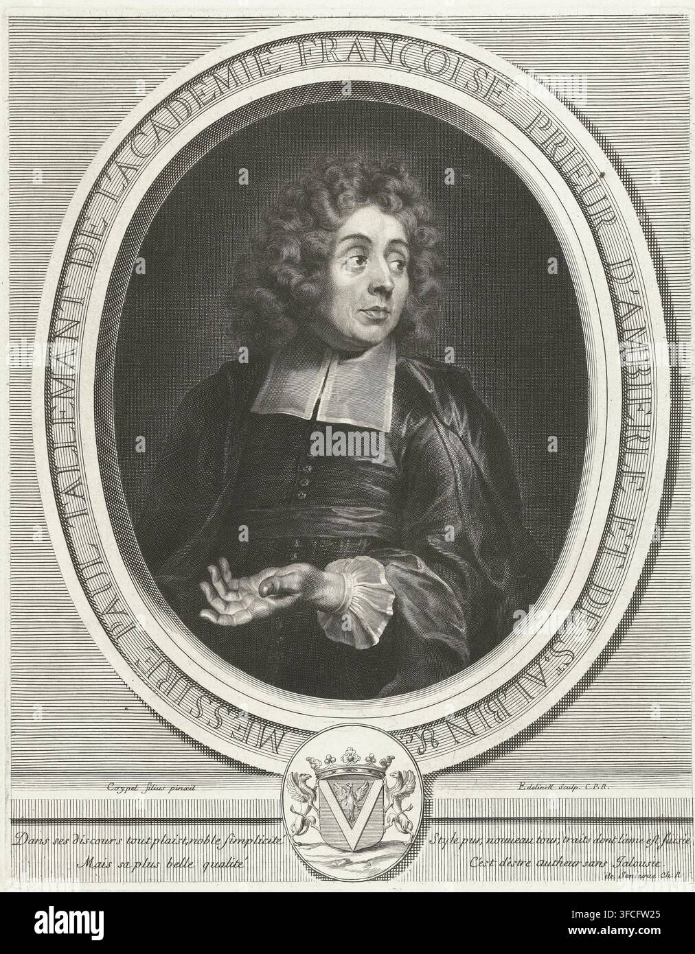 Ritratto di Paul Tallemant, stampa, Ritratto dello studioso e priore francese Paul Tallemant (1642-1712), raffigurato in una cornice ovale con testo francese. Sotto la cornice c'è una console con uno stemma e su entrambi i lati un verso di due righe in francese., incisore: Gerard Edelinck, Parigi, dopo dipinto di Noël-Nicolas Coypel, scrittore (lavoratore clericale): Ch. R. de Senleque, sconosciuto, concedente del privilegio: Louis XIV (Re di Francia), Francia, 1666 - 1707, Louis., Un ritratto inciso monocromo mostra una persona con capelli ricci e un volto espressivo leggermente girato di lato, che indossa un abito scuro con un Foto Stock