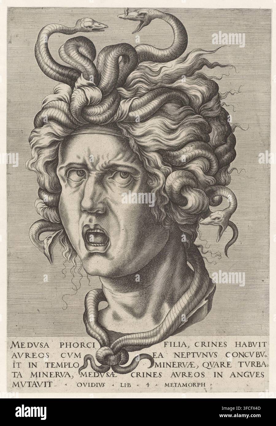 Una testa incisa in bianco e nero dettagliata di una persona con la bocca aperta e gli occhi spalancati, i capelli rappresentati come una massa di ciocche spesse e ondulate che si trasformano in diversi serpenti avvolti, alcuni con bocche aperte e zanne visibili, un serpente che circonda il collo come un collare, ombreggiatura finemente incrociata in tutto il disegno, uno sfondo rettangolare a linee e una fascia di testo stampato lungo il bordo inferiore. Foto Stock