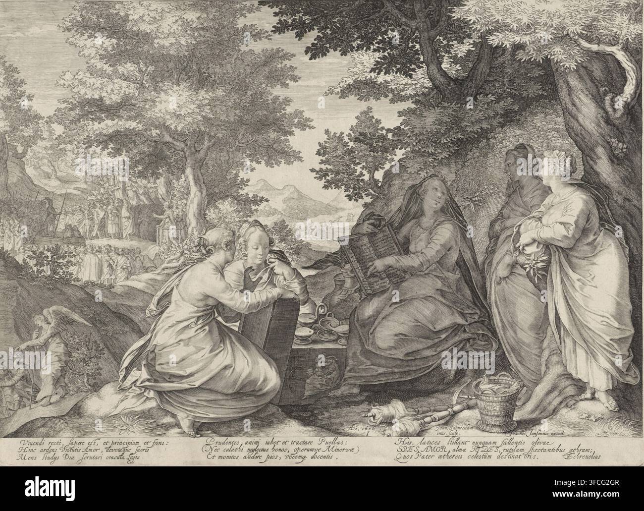 Parabola delle Sposelle Sagge e Folli, Cinque Sposelle Sagge in un Paesaggio con la Predica di Giovanni Battista, stampa, Numero di serie, 1, 5, Un paesaggio boschivo con le cinque spose sagge in primo piano. Sono sedute intorno a un tavolo con lampade a olio e leggono la Bibbia e la tavoletta dei Dieci Comandamenti. Accanto a loro ci sono brocche d'olio e oggetti di diligenza domestica. A sinistra, un angelo allontana due viaggiatori. Lo sfondo mostra Giovanni Battista che predica in una radura del bosco. La stampa ha una didascalia in latino., incisore: Jan Saenredam, Assendelft, editore: Foto Stock