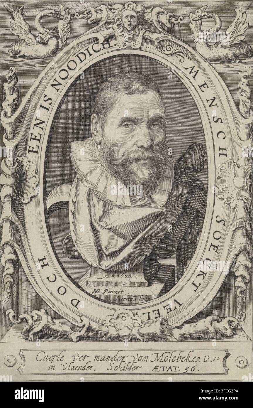 Ritratto di Karel van Mander, stampa, Busto di Karel van Mander in una cornice ovale ornata con il testo: Uno è necessario. L'uomo cerca molto, tuttavia. In alto a sinistra e in alto a destra un cigno con una corona intorno al collo. Sotto l'immagine il nome, la posizione e l'età (56) della persona ritratta., incisore: Jan Saenredam, Paesi Bassi settentrionali, dopo un dipinto di Hendrick Goltzius, Haarlem, 1604, carta, incisione, altezza 178 mm x larghezza 123 mm, Het Schilder-Boeck waer in voor eerst de leerlustighe Jueght den grondt der Edel Vry Schilderconst in verscheyden deelen wort voorghedraghen, Haarlem: Paschier van Foto Stock