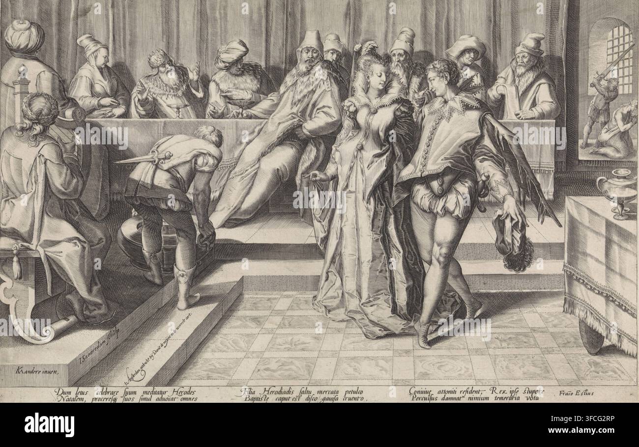 Salome al banchetto di Erode, stampa, Salome e un giovane danzano (?) davanti a un lungo tavolo, al quale sono sedute varie persone, tra cui Erode. A sinistra, un uomo tiene una botte. In secondo piano a destra, Giovanni Battista bendato inginocchia davanti a un uomo con una spada alzata. Sotto l'immagine, un testo latino su sei righe con una spiegazione della scena., incisore: Jan Saenredam, Paesi Bassi settentrionali, dopo disegno di Karel van Mander (I), Amsterdam, scrittore (lavoratore d'ufficio): Franco Estius, stampatore (persona): David de Meyn, 1589 - 1607, Jan Saenredam, Karel van Mander (I), Franco Estius, Foto Stock