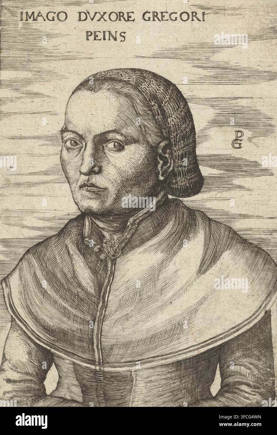Ritratto della moglie di Georg Pencz, Imago Dvxore Gregori Peins, stampa, Ritratto della moglie dell'incisore e pittore Georg Pencz. Questo ritratto fa parte di un doppio ritratto in cui è raffigurato anche l'artista. Le loro somiglianze furono incise insieme su una sola lastra ma furono poi stampate anche come due stampe separate, come in questo caso., incisore: Georg Pencz, 1510 - 1599, carta, incisione, gravura, altezza 123 mm x larghezza 84 mm, Persona, George Pencz (moglie di). Un ritratto inciso monocromo di una persona mostrata dal petto verso l'alto che indossa una copricapo e stratificati indumenti con un colletto alto Foto Stock
