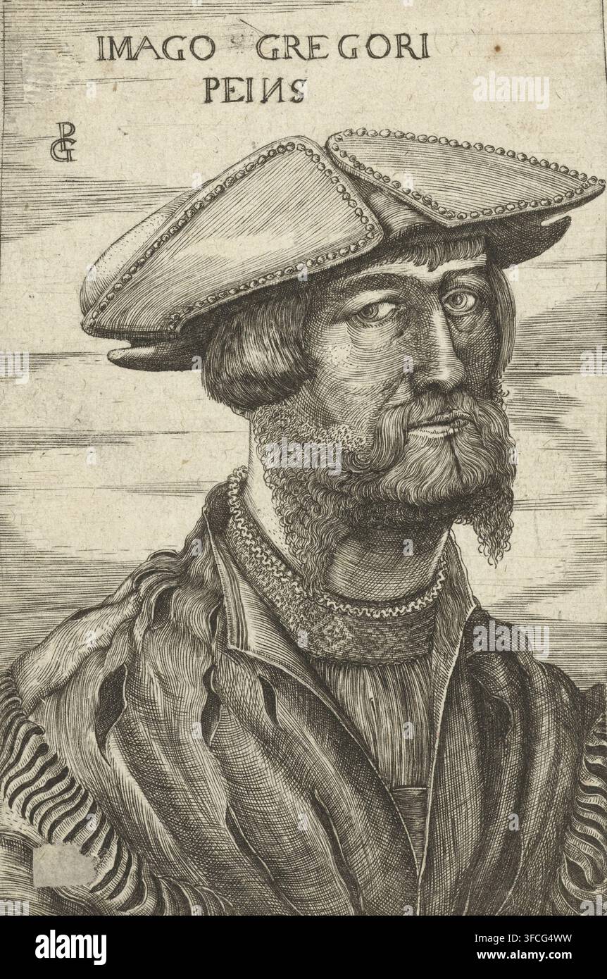 Ritratto di Georg Pencz, Imago Gregori Peins, stampa, Ritratto dell'incisore e pittore Georg Pencz con un berretto. Questo ritratto fa parte di un ritratto doppio in cui è raffigurata anche la moglie dell'artista. Le loro immagini furono incise insieme su una sola lastra ma furono poi stampate anche come due stampe separate, come in questo caso., incisore: Georg Pencz, 1510 - 1599, Georg Pencz, incisore, carta, incisione, gravura, altezza 123 mm x larghezza 81 mm, Persona., Un ritratto inciso dettagliato in bianco e nero di un uomo mostrato dal petto in su con un cappello largo e piatto con bordi decorativi e uno strato Foto Stock