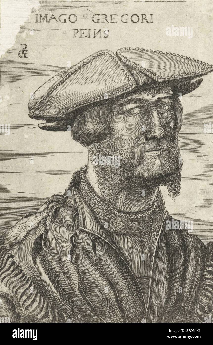 Immagine di Gregori Peins, Ritratto di Georg Pencz, stampa, Ritratto dell'incisore e pittore Georg Pencz con un berretto. Questo ritratto fa parte di un doppio ritratto in cui è raffigurata anche la moglie dell'artista. Le loro somiglianze furono incise insieme su una sola lastra ma furono poi stampate anche come due stampe separate, come in questo caso., incisore: Georg Pencz, 1510 - 1599, Georg Pencz, incisore, carta, incisione, altezza 121 mm x larghezza 83 mm, Persona., Un ritratto inciso in bianco e nero dettagliato di un uomo mostrato dal petto in su con un cappello piatto a tesa larga con bordi decorativi e uno strato Foto Stock