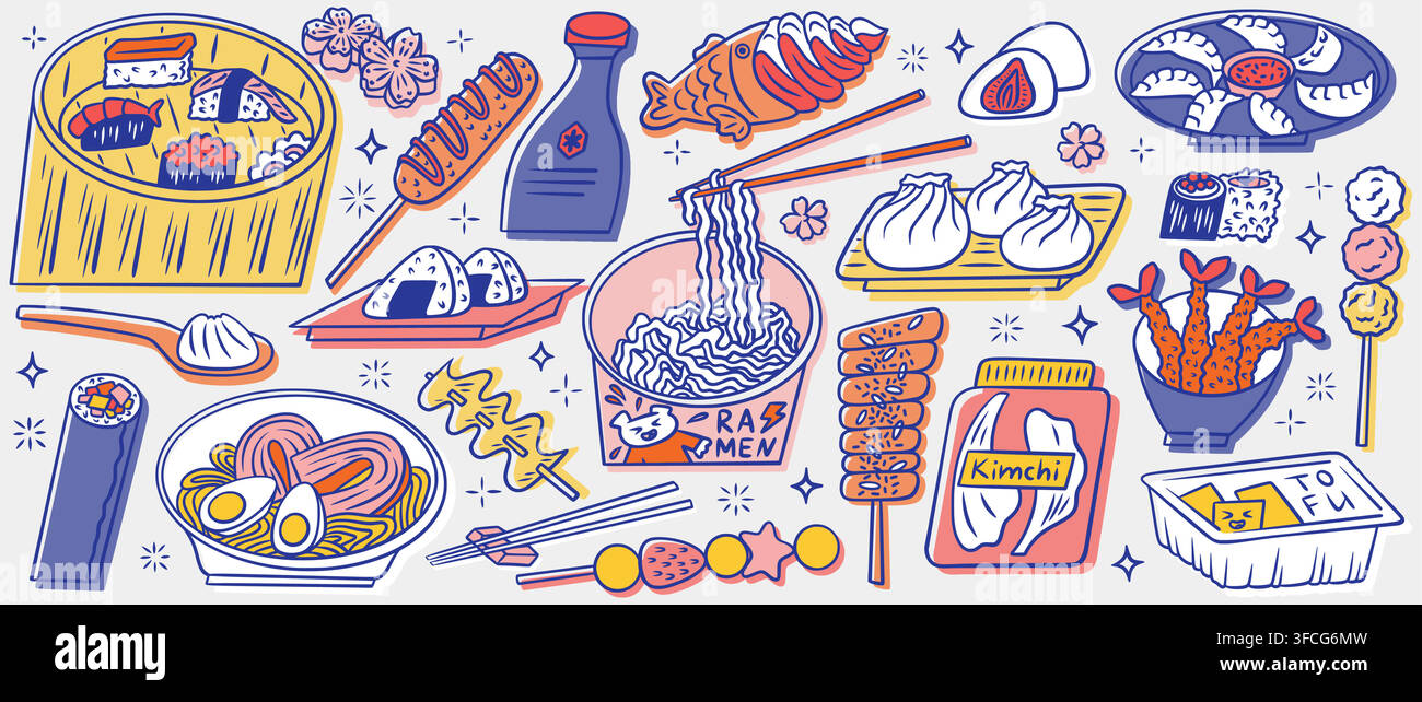 Doodle di cibo asiatico colorato su sfondo bianco. Illustrazione vettoriale di una ciotola di ramen, un rotolo di sushi, gnocchi, kimchi e tofu, dessert mochi e una bottiglia di salsa, poster di cucina tradizionale, menù del ristorante Illustrazione Vettoriale