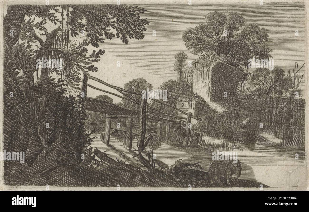 Ponte di legno vicino a una rovina, Sei paesaggi, stampa, Numero di serie, 3, 6, Paesaggio boscoso con un ponte di legno, di notte. In primo piano una capra e in secondo piano una rovina. La stampa fa parte di una serie di sei paesaggi., incisore: Gillis van Scheyndel (I), Paesi Bassi, 1640 - 1653, carta, acquaforte, incisione, acquaforte e incisione, altezza 80 mm x larghezza 128 mm, paesaggio con rovine, capra, ponte, notte., Un paesaggio inciso monocromo che mostra un ponte di legno o una passerella sostenuta da pali che attraversa un corso d'acqua, con travi inclinate e assi consumate. A sinistra, grandi alberi con Foto Stock