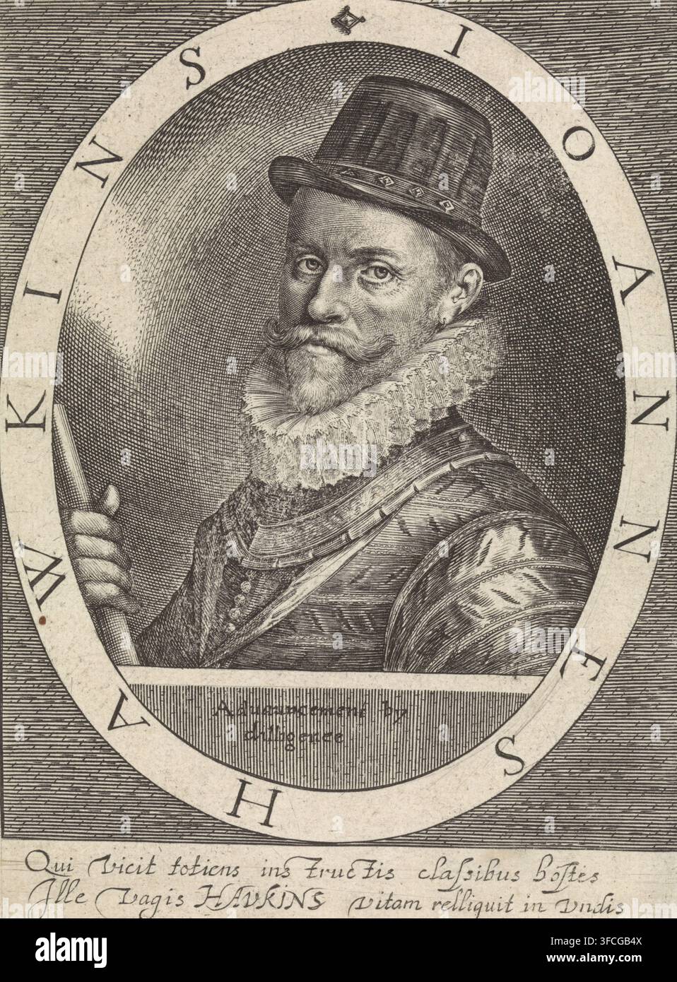 Ritratto di John Hawkins, stampa, Ritratto dell'ammiraglio Sir John Hawkins, con il suo motto in inglese sotto. Nell'iscrizione sul bordo della cornice, il nome del ritratto in latino. Nel margine, una didascalia di due righe in latino., incisore: Crispijn van de Passe (I), Utrecht, 1620, carta, incisione, incisione, altezza 161 mm x larghezza 120 mm, Persona, Sir John Hawkins., Un ritratto inciso in bianco e nero finemente dettagliato di un uomo mostrato dal petto in su all'interno di una cornice ovale, che indossa un cappello alto e arrotondato con una fascia decorativa, un colletto arruffato e vestiti a strati con cinghie visibili simili ad un'armatura; egli Foto Stock