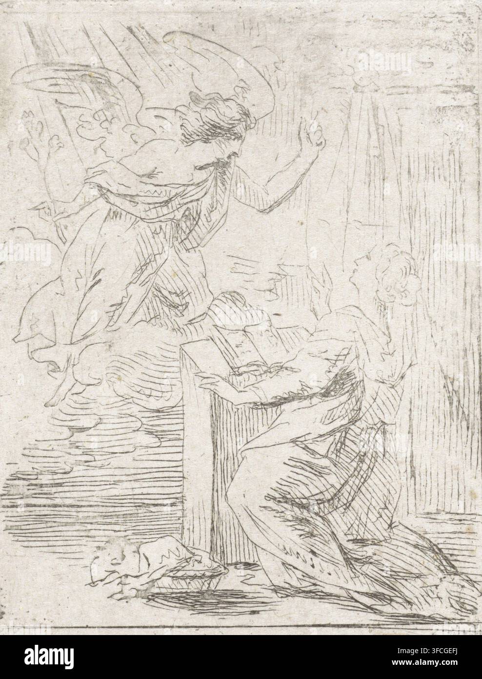 Annunciazione, stampa, L'Arcangelo Gabriele appare a Maria con un giglio. Maria inginocchiata accanto a un leggio con un libro aperto sopra. Sopra di lei lo Spirito Santo sotto forma di colomba., Paesi Bassi, dopo un disegno di Anthony van Dyck, 1615 - 1691, incisore, carta, incisione, altezza 95 mm x larghezza 73 mm, l'Annunciazione: Maria inginocchiata., Una scena leggermente abbozzata su carta ruvida mostra una figura angelica con ali che si china verso una persona inginocchiata; l'angelo ha capelli fluenti e vestiti drappeggiati, un braccio alzato e l'altro esteso verso la persona inginocchiata. La persona inginocchiata guarda verso l'alto con le mani giunte Foto Stock