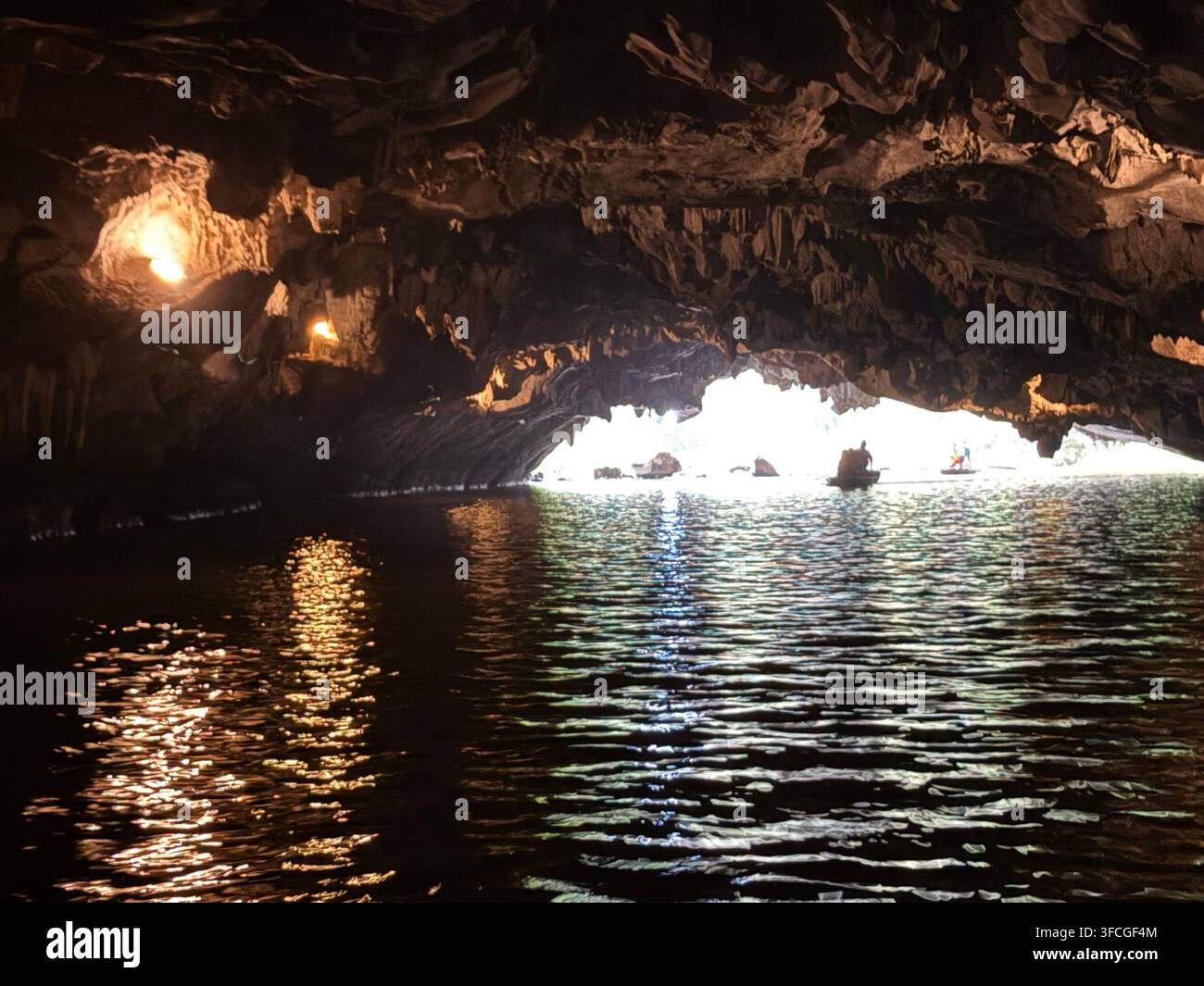 Diverse barche a remi che entrano nella 3a Grotta – Hang Ba (Grotta Ba) sul fiume Ngo Dong che si snoda tra i campi di riso e i ripidi pendii - Immagine stock catturata con smartphone