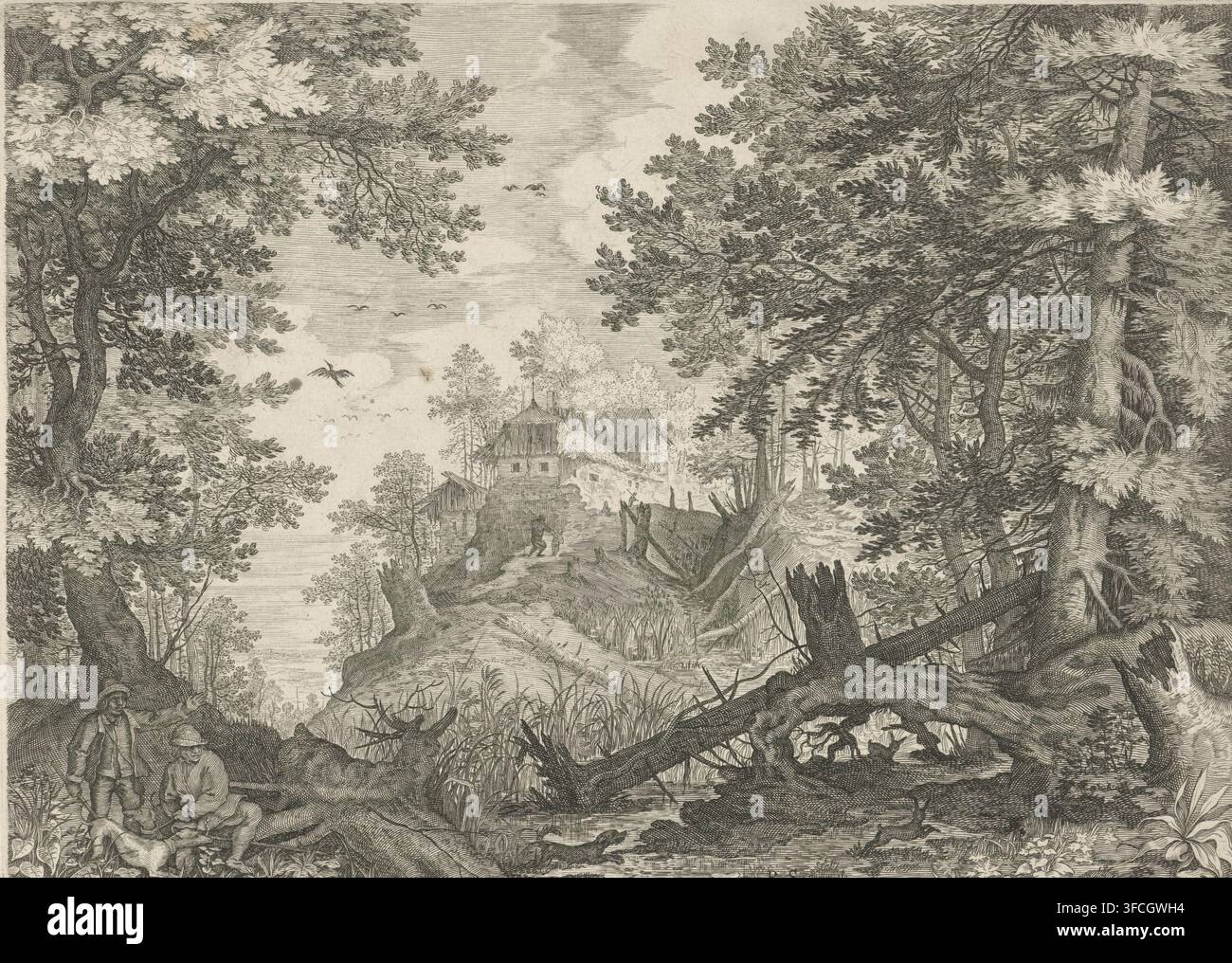 Paesaggio boschivo con due cacciatori e un cane, Paesaggi montani del Tirolo, stampa, Paesaggio boschivo. A sinistra due cacciatori e un cane. In lontananza una fattoria. Quinta stampa di una serie di sei parti con paesaggi montani del Tirolo., incisore: Aegidius Sadeler (II), Praga, dopo il disegno di Roelant Savery, 1609, carta, acquaforte, incisione, incisione e acquaforte, altezza 203 mm x larghezza 267 mm, foresta, legno, cacciatore, cani da caccia, fattoria o casa solitaria nel paesaggio (+ città(-paesaggio) con figure, staffage), Tirolo., Un'incisione monocroma dettagliata di un paesaggio boschivo incorniciato da grandi alberi Foto Stock