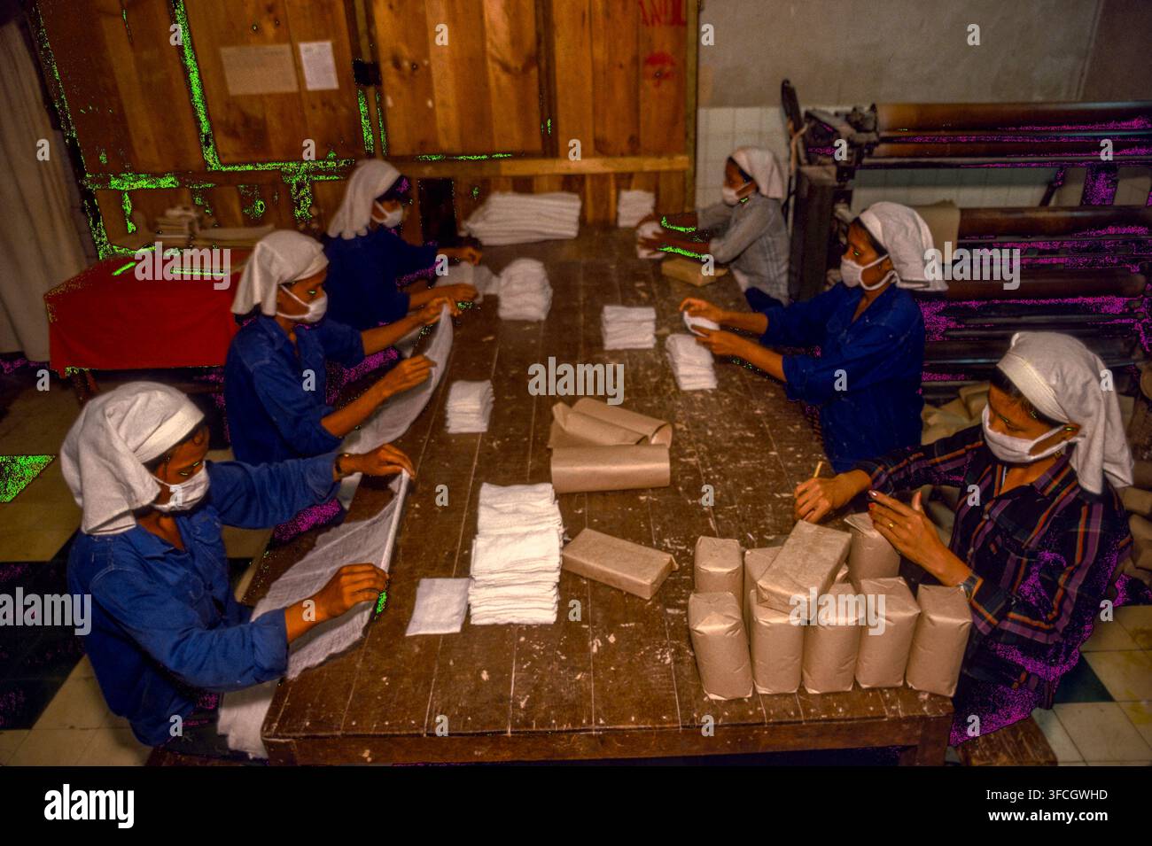 Donne che lavorano nella Fabbrica di Tessitura n. 5 che produce tessuti e altri prodotti tessili, Phnom Penh, Cambogia, settembre 1988 Foto Stock