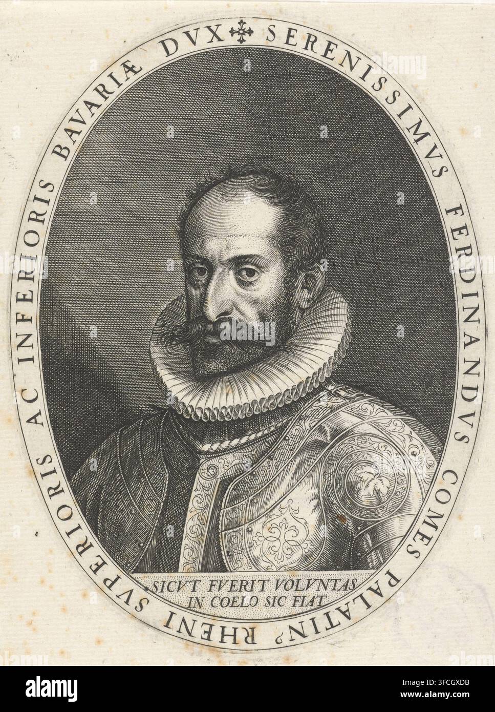 Ritratto di Ferdinando di Baviera, stampa, Ferdinando di Baviera, in armatura sopra la quale un ampio colletto pieghettato. Ampio baffi e barba appuntita. Busto a sinistra, in ovale con scritta sul bordo. Ai piedi del ritratto 2 righe di didascalia in latino: 'Sicut fuerit voluntas, in coelo sic fiat'. Incisore: Johann Sadeler (I), sconosciuto, 1560 - 1600, carta, incisione, altezza 152 mm x larghezza 115 mm, Persona, Ferdinand van Beieren (1550-1608), armatura, collo, abbigliamento (con NOME), baffi., Un ritratto ovale inciso di un uomo mostrato dal petto in su che indossa un'armatura ornata e un grande colletto pieghettato, Foto Stock