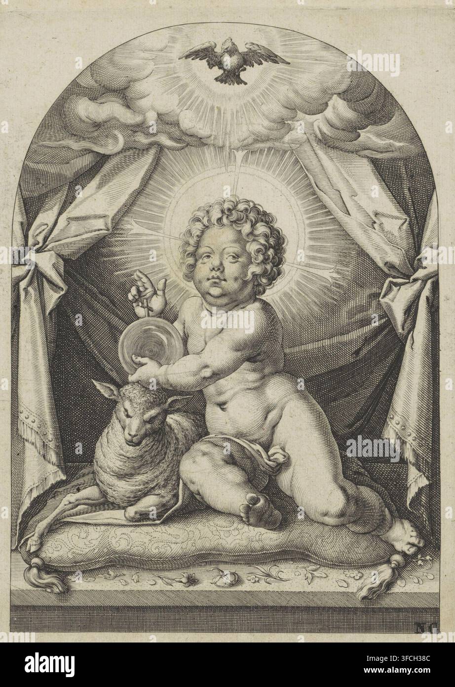 Bambino Gesù con agnello seduto su un cuscino, stampa, Il Bambino Gesù è seduto su un cuscino accanto a un agnello. Nella sua mano tiene una sfera e fa un gesto di benedizione. Al centro sopra la colomba dello Spirito Santo., Paesi Bassi, incisore: Jacob Matham, 1580 - 1620, carta, incisione, incisione, altezza 215 mm x larghezza 150 mm, Spirito Santo rappresentato come una colomba (in fiamme), Bambino Gesù (con attributi), agnello., Un bambino cherubico con capelli ricci è seduto su un cuscino decorato drappeggiato con tessuto, un alone radioso di luce circonda la testa del bambino e raggi si estendono verso l'esterno; il bambino tiene una scodella poco profonda in una mano Foto Stock