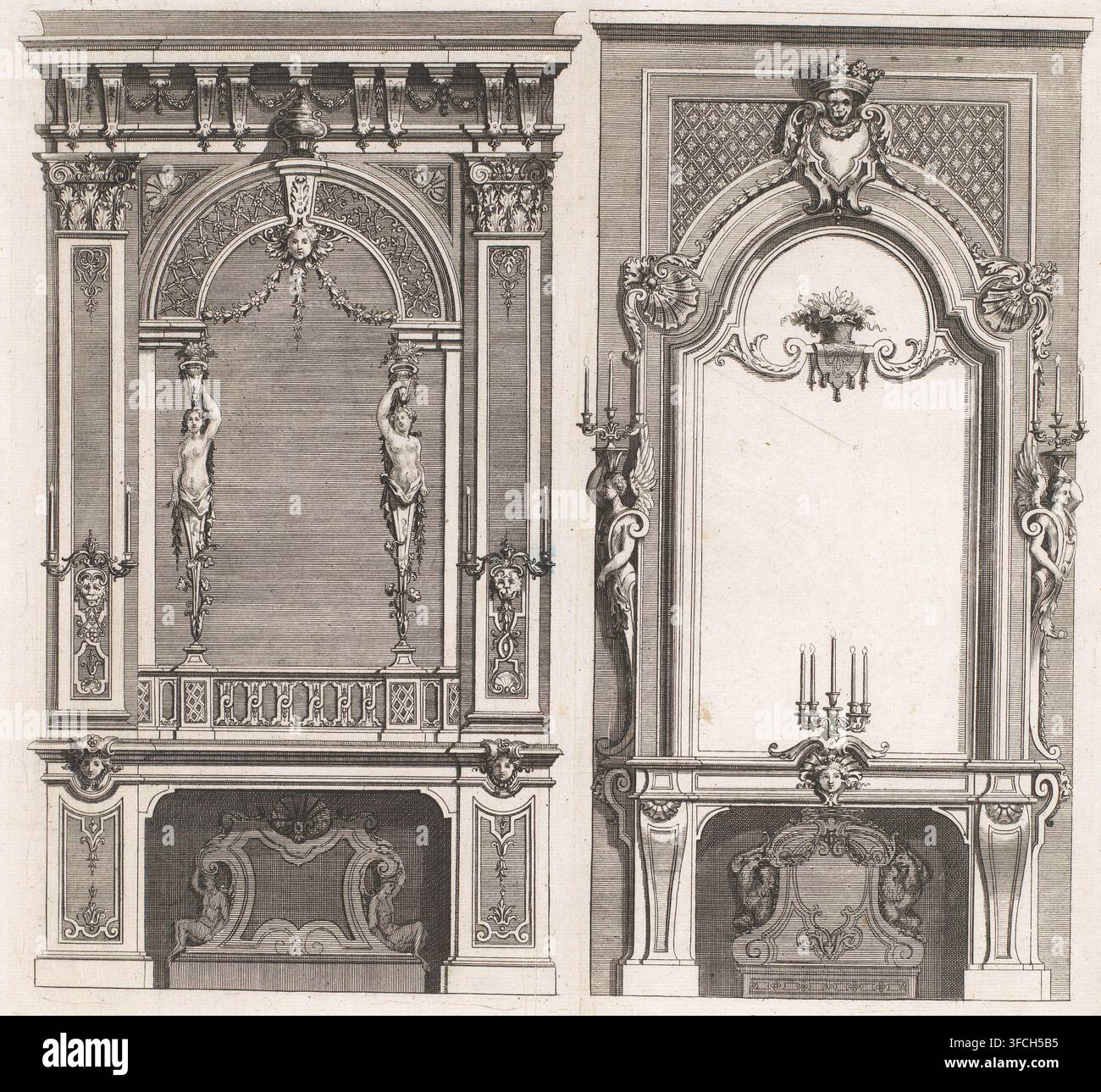 Camini con cariatidi e candelabri, stampa, stampa ornamentale, Due camini ornati. A sinistra con un vaso, pilastri, due cariatidi, due candelabri a due bracci e una piastra del focolare con figure maschili. A destra con una cartuccia coronata, un cesto di fiori, due cariatidi con candelabri a tre bracci, un candelabro a cinque bracci e un focolare con aquile., incisore: Gottfried Stein, su disegno di Jean Berain (le Vieux), editore: Jeremias Wolf (forse), Augusta, 1686 - 1724, Baviera, carta, incisione, altezza 289 mm x larghezza 300 mm, cariatidi, architettura, ornamenti frequentemente usati Foto Stock