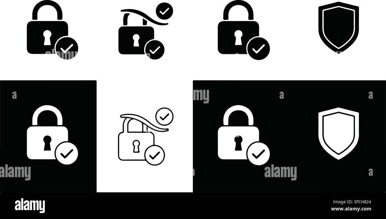 Serratura in bianco e nero con icone di spunta e scudo per i design concettuali di sicurezza, protezione e salvezza. Illustrazione Vettoriale